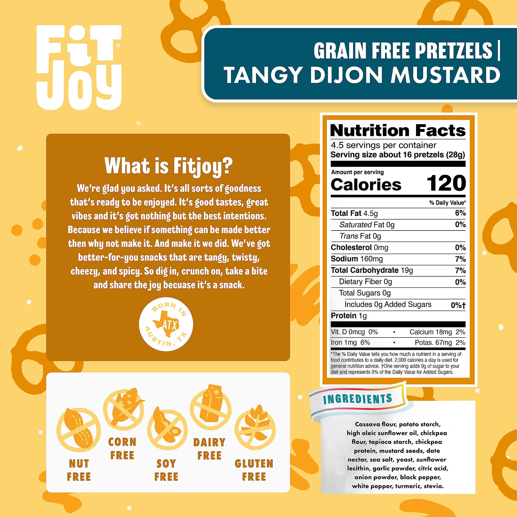 FitJoy Tangy Dijon Mustard Pretzels (Pack of 6, 4.5 Oz) - Dairy, Nut & Gluten Free Snacks - Grain Free Cassava Root & Chickpea Flour Vegan Pretzel