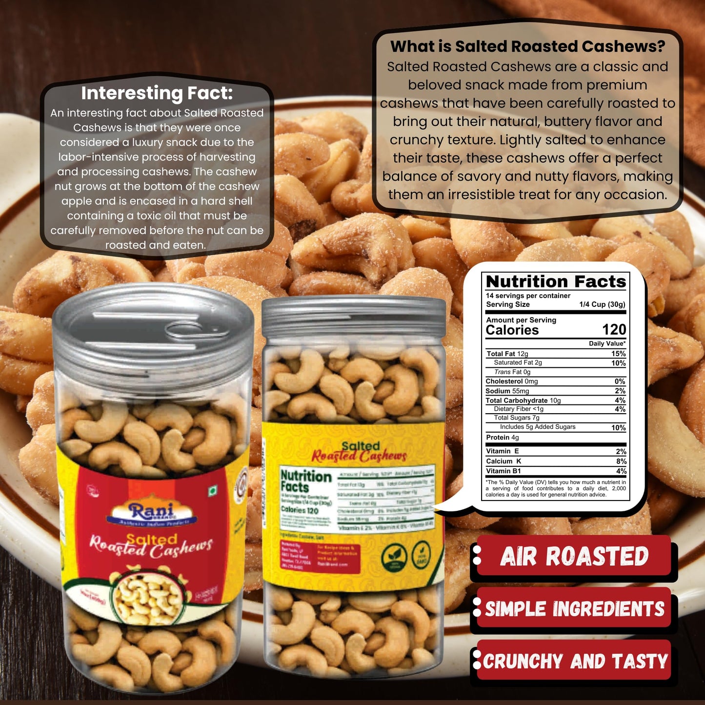 Rani Salted Roasted Cashews 14oz (400g) PET Jar, Non-Fried, Oil Free ~ All Natural | Vegan | Gluten Friendly | NON-GMO | Kosher | Air Roasted, Crunchy