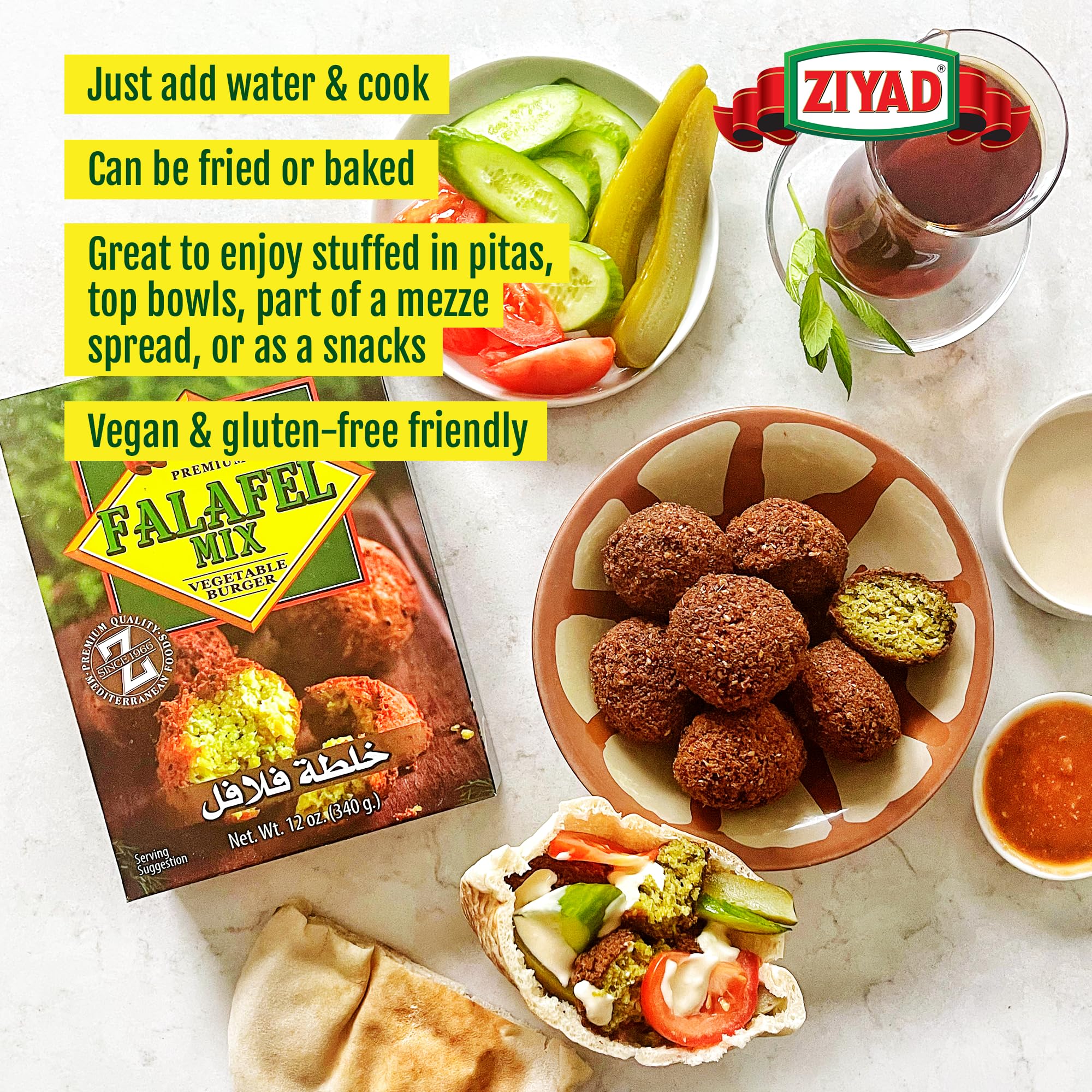Ziyad Falafel Dry Mix - 12 oz Gluten-Free, Vegan, Non-GMO, No Additives, No Preservatives - Vegan/Vegetarian Spice Mix with Minced Onion, Garlic, Sesame - Great for Making Veggie Burgers and Snacks