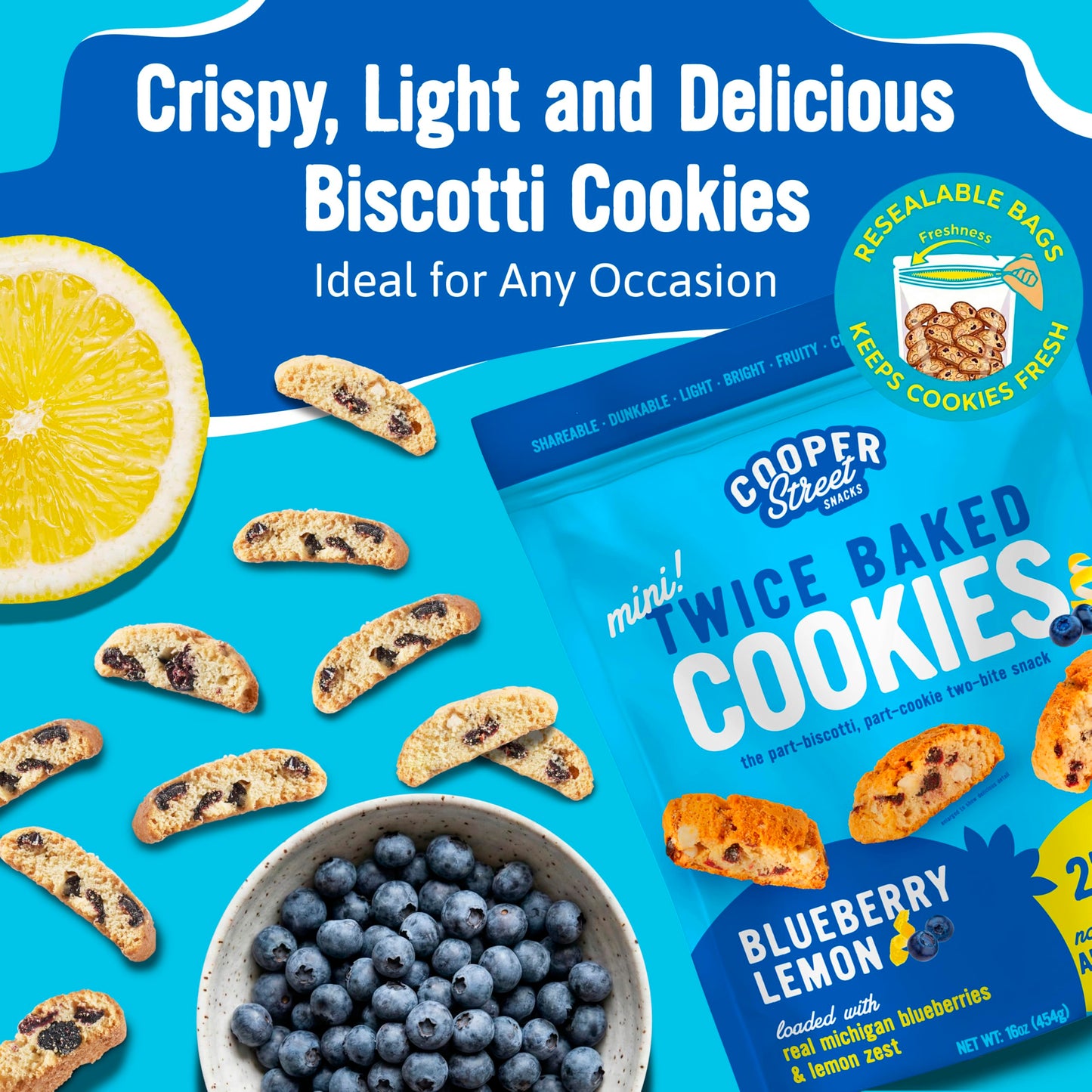 Cooper Street Twice-Baked Blueberry Lemon Biscotti Cookies (16 oz) - Over 50 Biscotti per Bag Loaded with Real Fruit, Italian Style Snacks Ideal