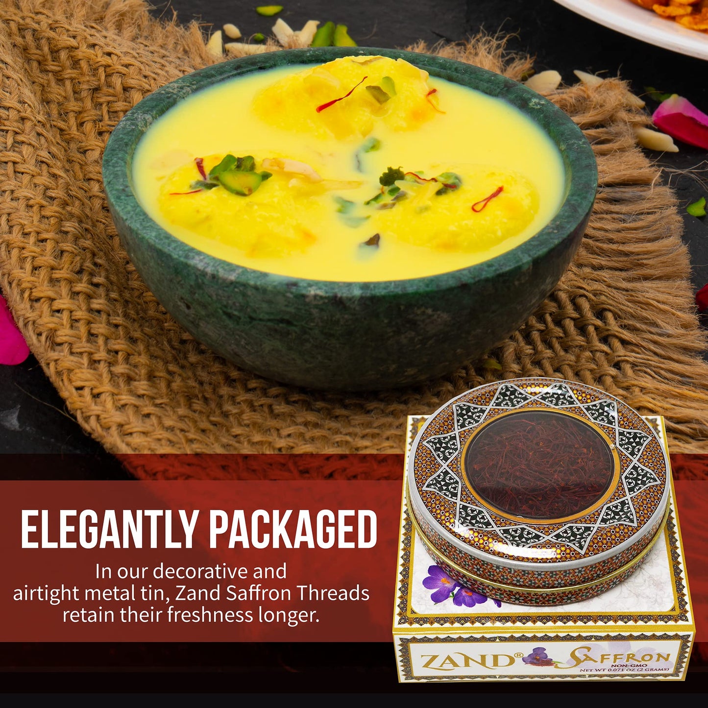 Zand Saffron Threads 2g - Premium Organic Pure Saffron Spice for Cooking Basmati Rice, and More - in Decorative Airtight Tin with Window Lid