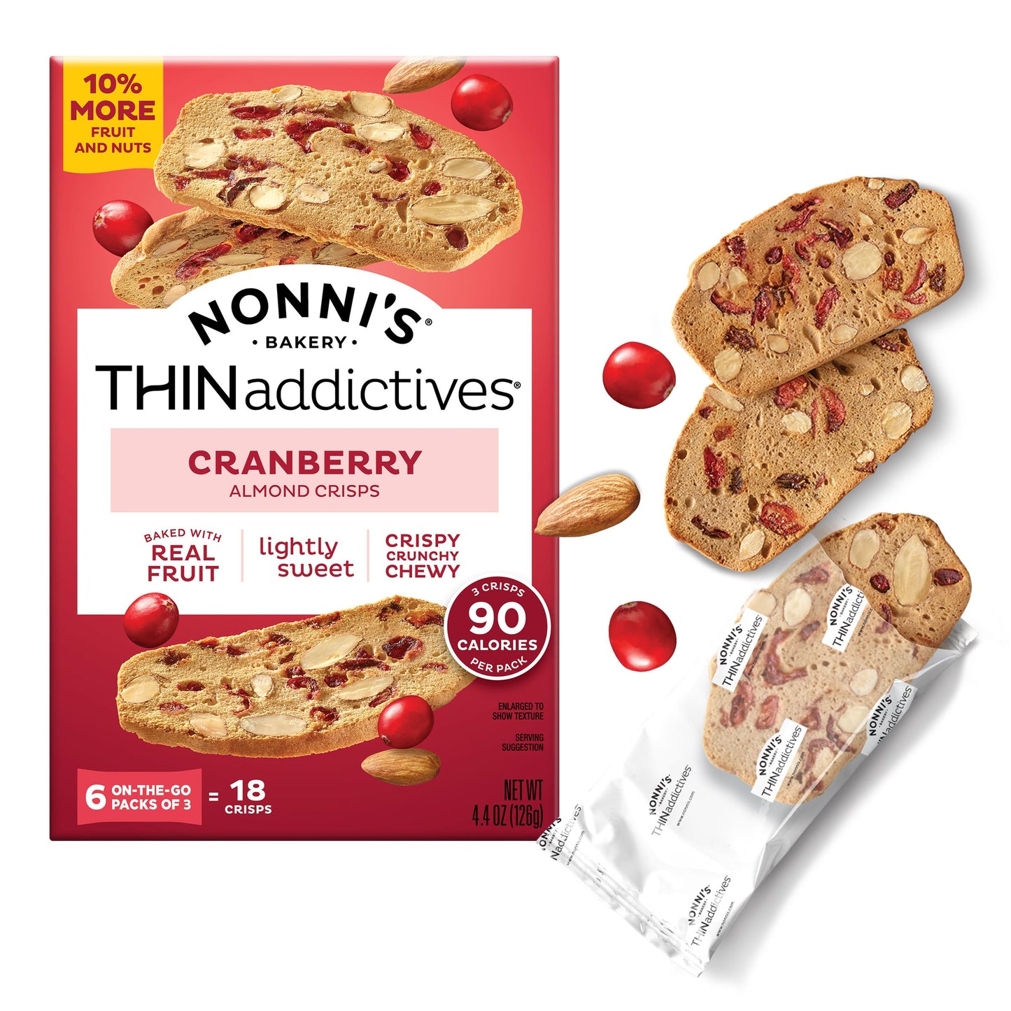 Nonni's THINaddictives Cranberry Almond Nut Cookies, Sweet Crunchy & Chewy Crisps, Individually Wrapped, Kosher Snack, Perfect with Coffee, 6 Packs