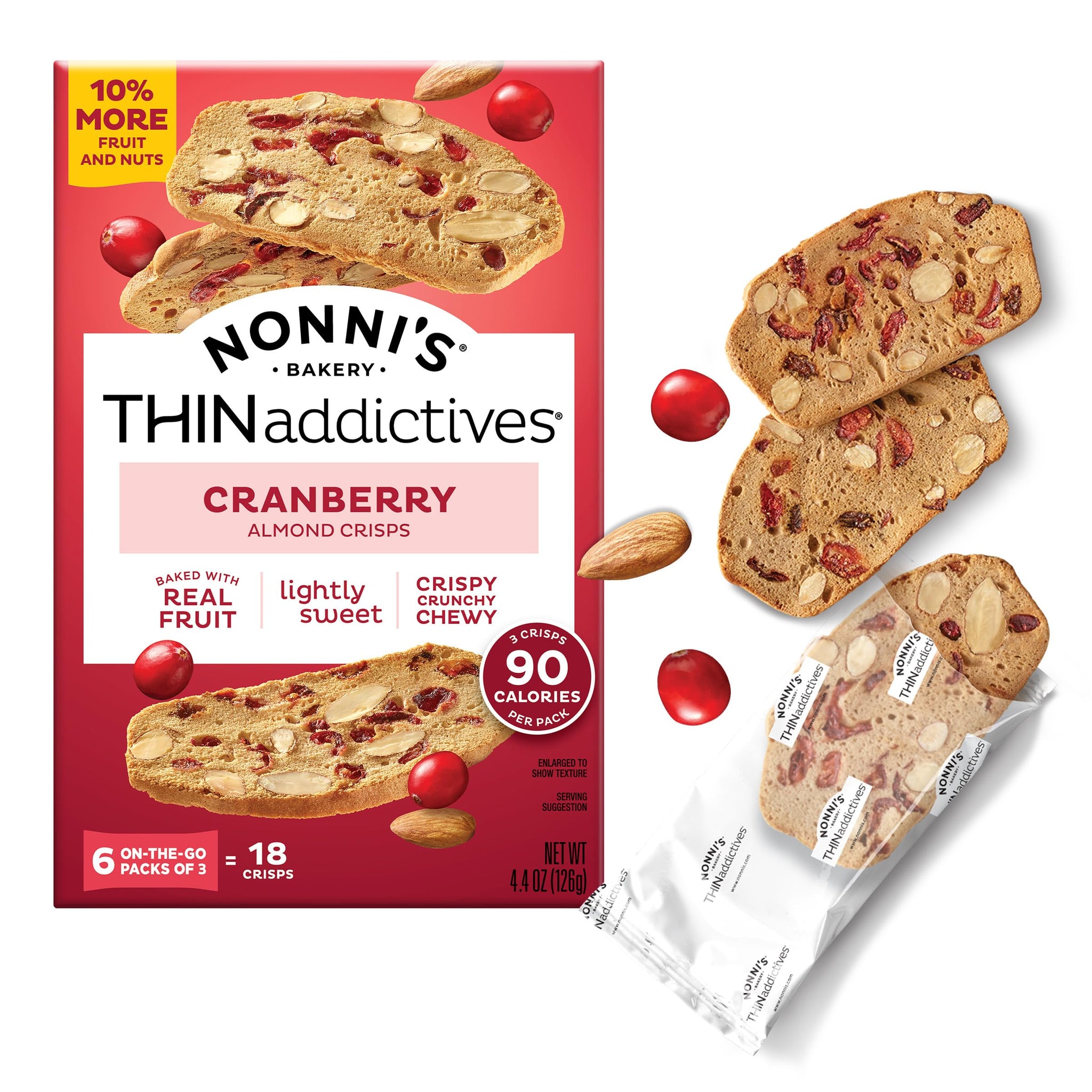 Nonni's THINaddictives Cranberry Almond Nut Cookies, Sweet Crunchy & Chewy Crisps, Individually Wrapped, Kosher Snack, Perfect with Coffee, 6 Packs