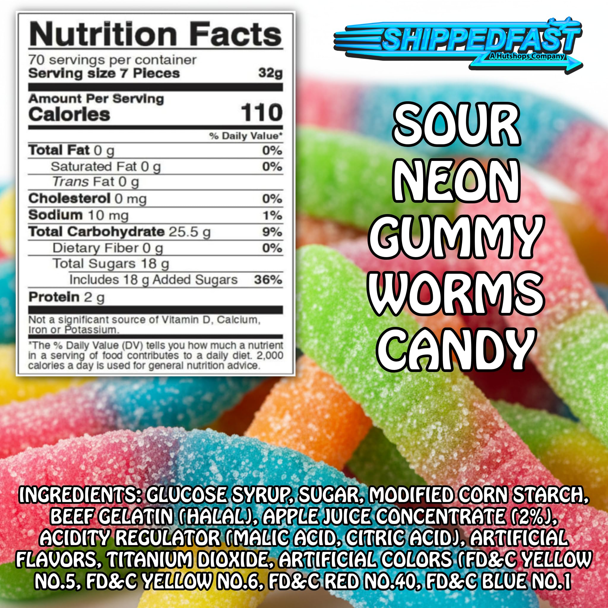 Sour Neon Gummy Worms Candy (5 Pound Bag) Multi-Flavored. Net Wt. 80oz.