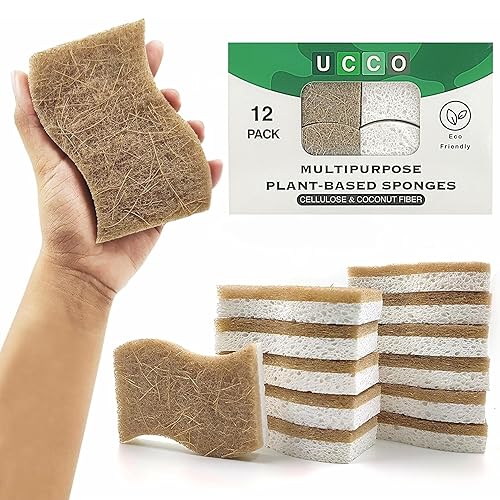 UCCO Eco Friendly Biodegradable Kitchen Sponges 12 Pack - Natural Compostable Cellulose with Coconut Scrubber - Sustainable Zero Waste Dish Sponges