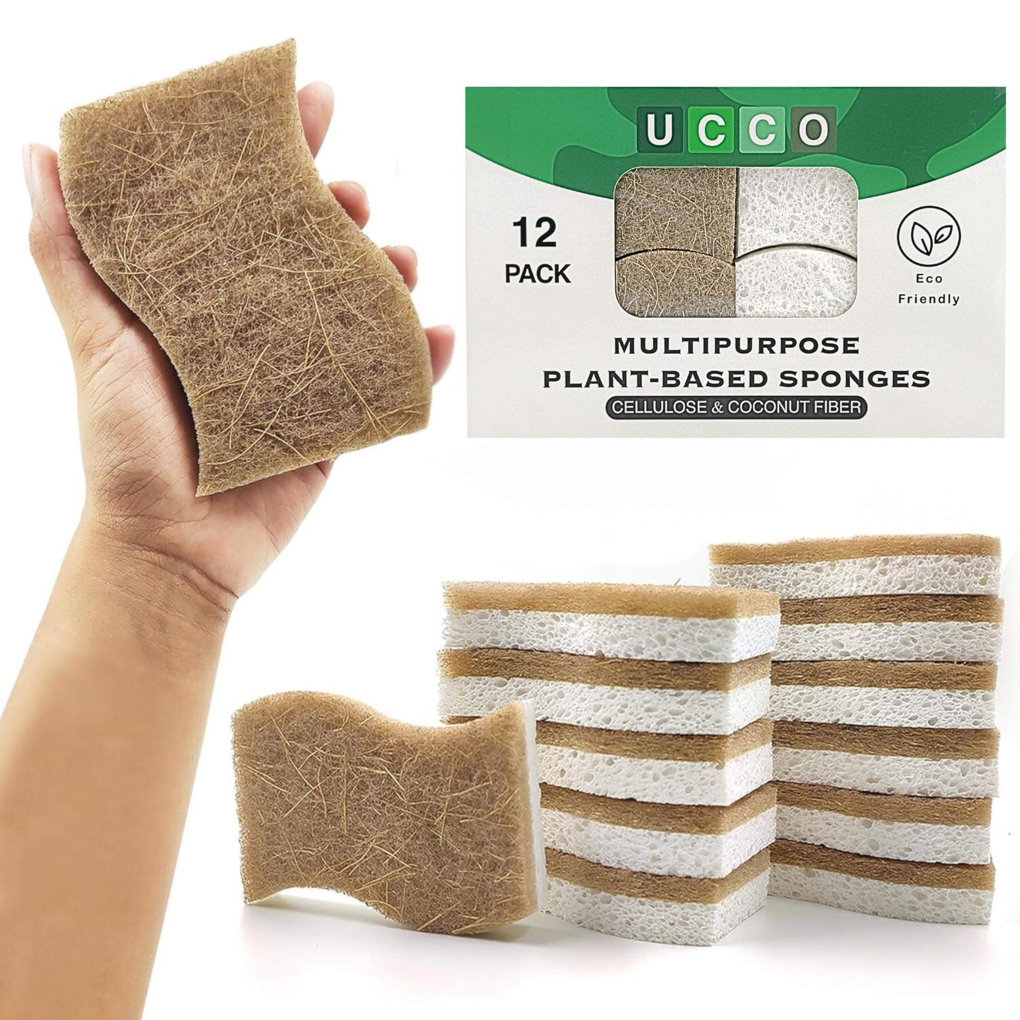 UCCO Eco Friendly Biodegradable Kitchen Sponges 12 Pack - Natural Compostable Cellulose with Coconut Scrubber - Sustainable Zero Waste Dish Sponges