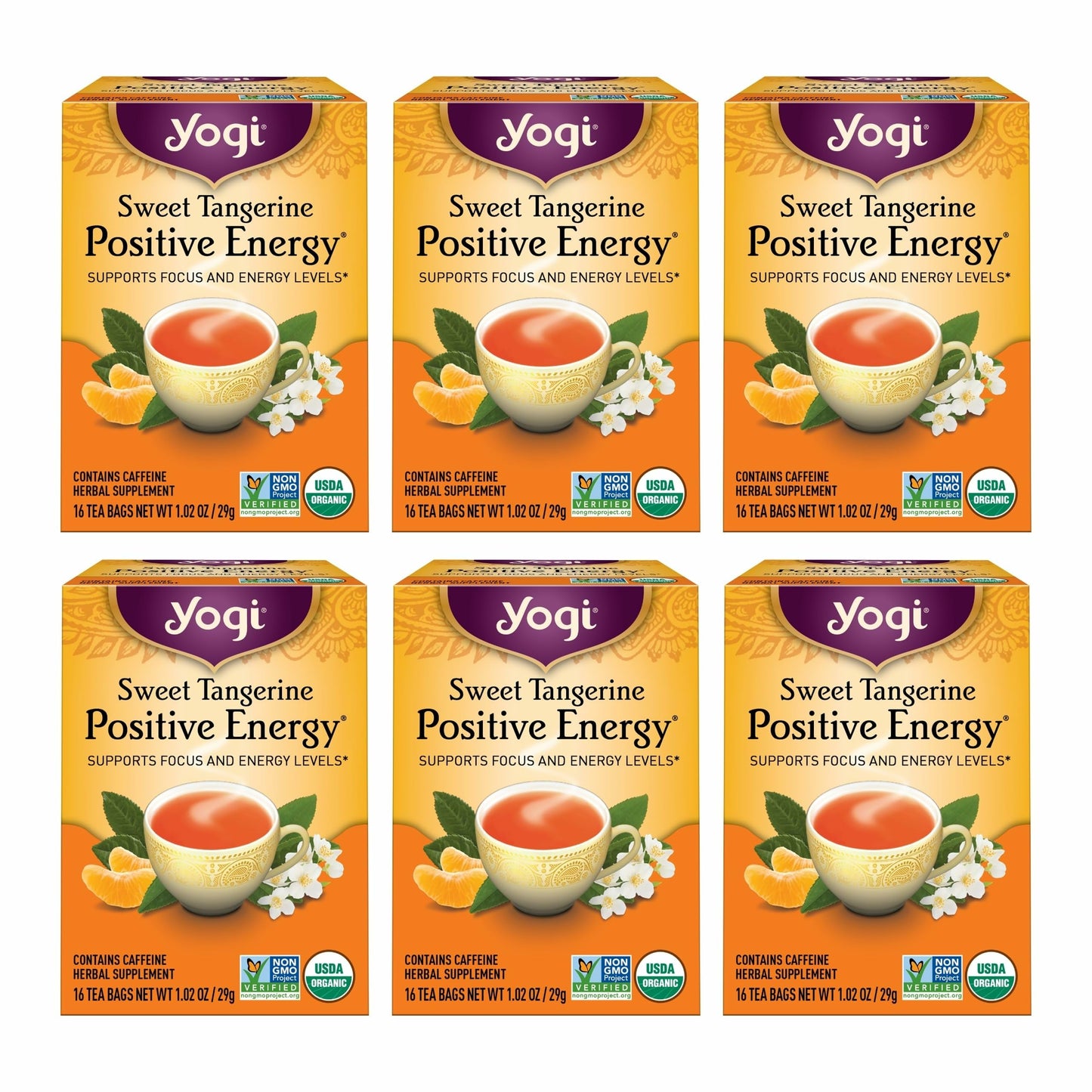 Yogi Sweet Tangerine Positive Energy Tea - 16 Tea Bags per Pack (6 Packs) - Organic Tangerine Energy Tea - Includes Black Tea Leaf, Yerba Mate Leaf