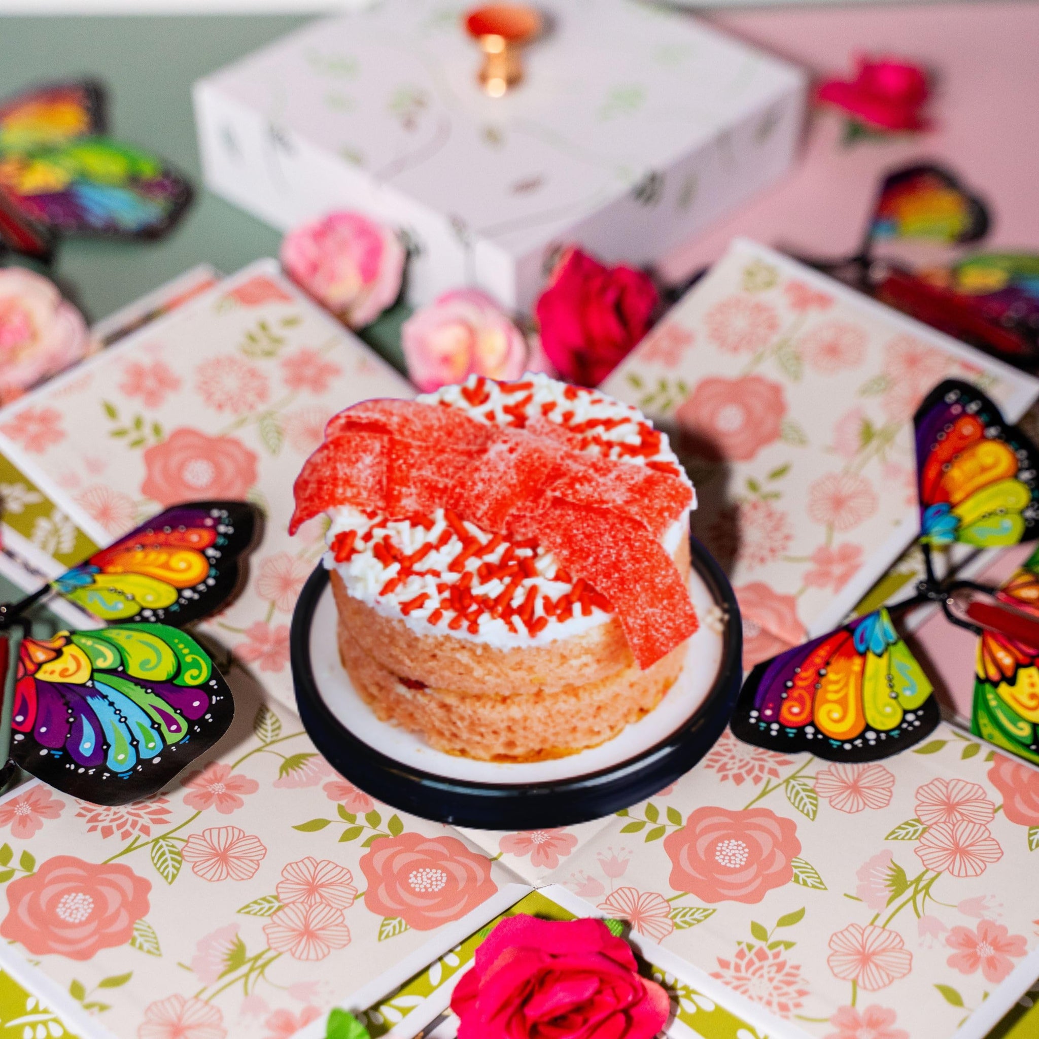 Blossom Explosion Box, Ready to Gift, No Assembly Required with Flower Shower & Flying Butterfly Surprise by Send A Cake - Gift for Women, Men