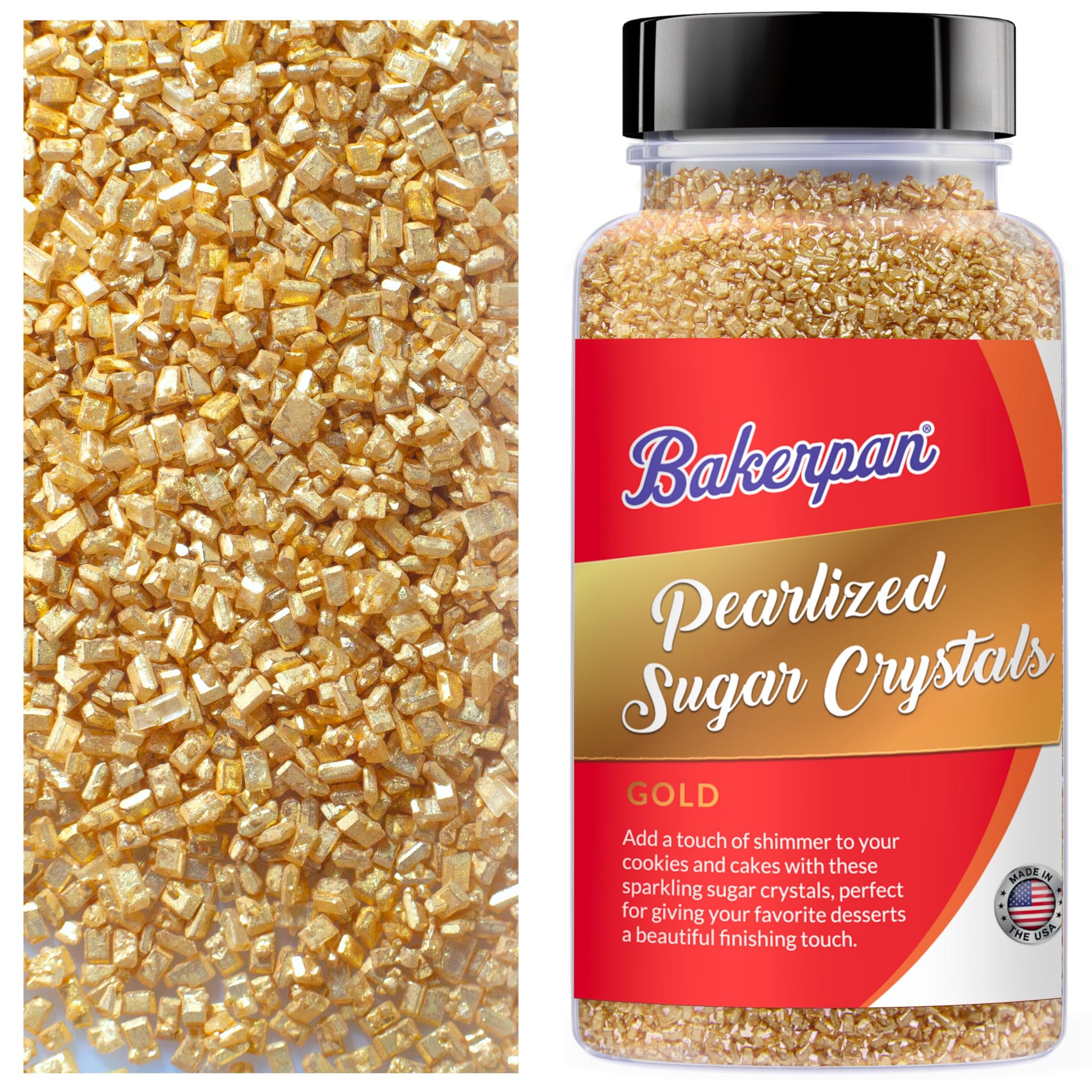 Bakerpan Pearlized Sugar Sprinkles for Baking - 5 Ounce - Sparkling Gold Decorating Sugar Crystals for Cookies, Cake Pops, Ice Cream (Made in USA)
