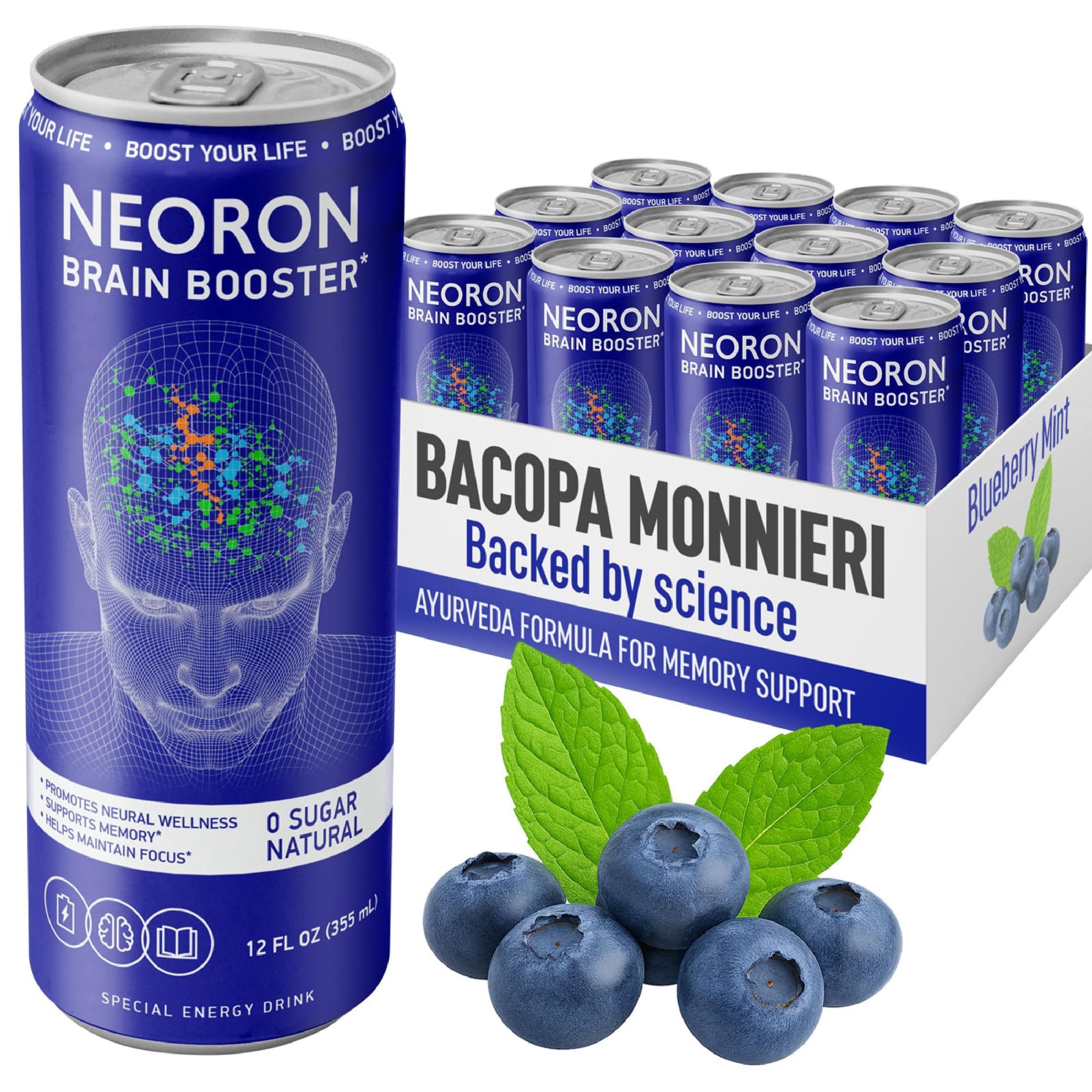 NEORON Focus + Calm | Nootropic Drink for Mental Clarity - Stress & Burnout Support (12-Pack, Blueberry & Mint, Sugar-Free)