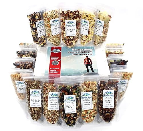 Harmony House Backpacking Soup and Chili Kit (Unseasoned) - 18 Count Variety Pack, Resealable Zip Pouches, For Cooking, Camping, Emergency Supply
