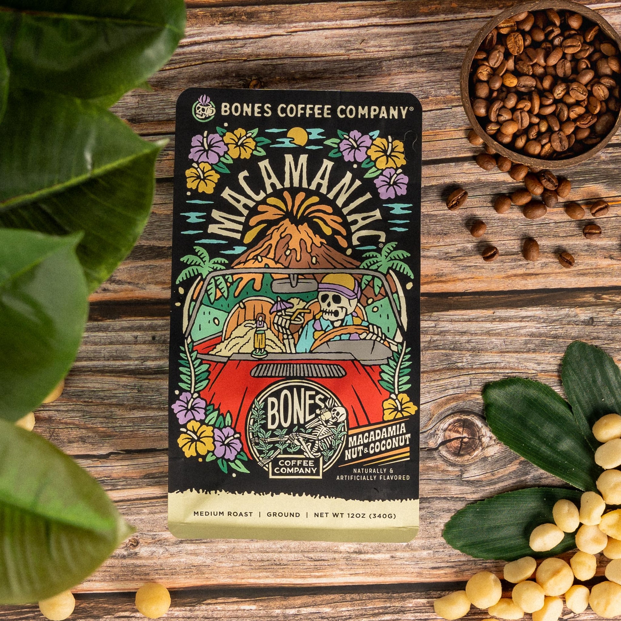 Bones Coffee Company Macamaniac, Macadamia and Coconut Flavored Coffee, Medium Roast Low Acid Arabica Beans Compatible with Auto drip and French Press