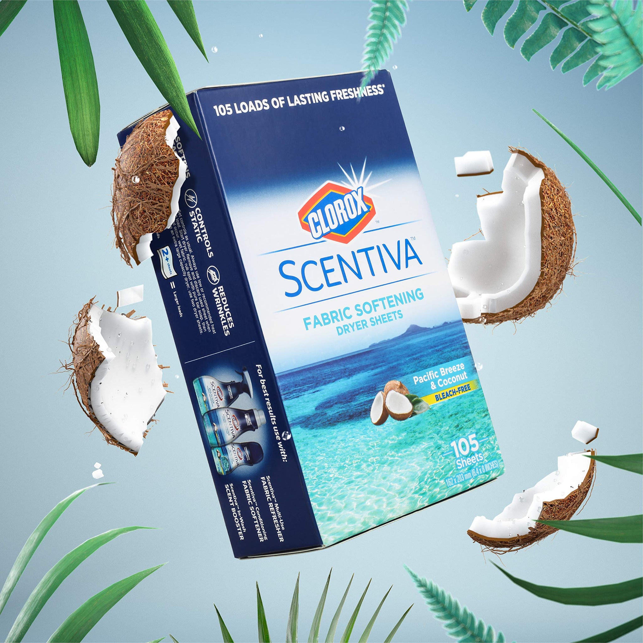Clorox Scentiva Fabric Softener Dryer Sheets, Pacific Breeze & Coconut Scent - Wrinkle Reducing Scented Softening Laundry Dryer Sheets for Great