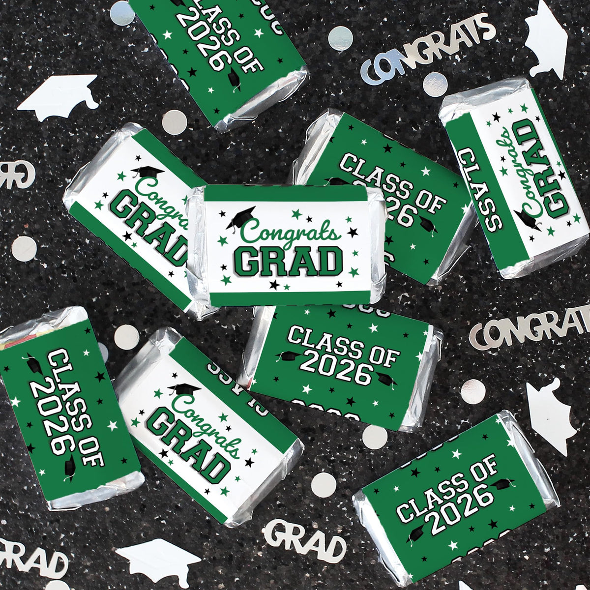 Green Class of 2026 Graduation Mini Candy Bar Wrappers, 42 Count