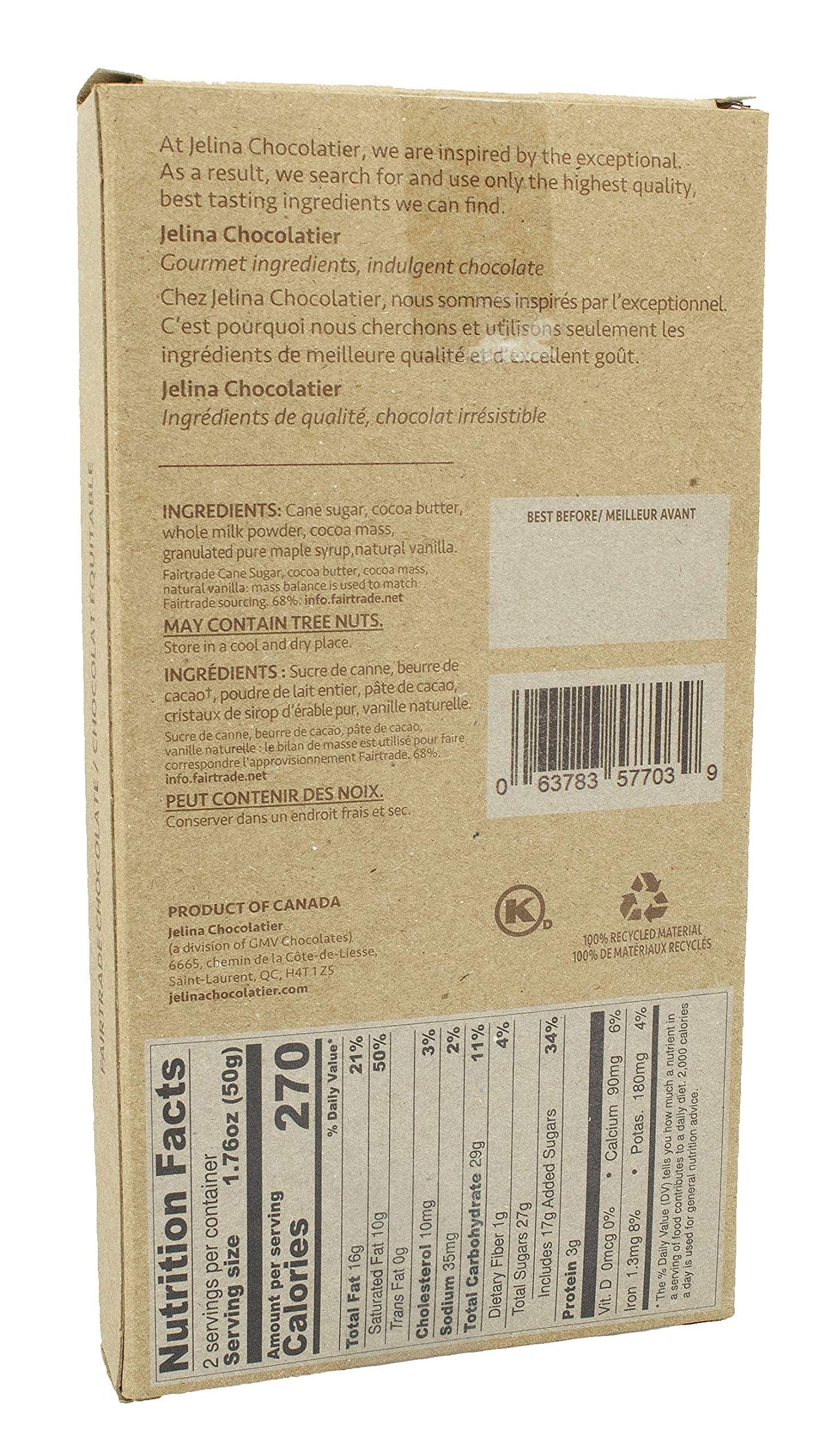 Jelina Chocolatier | 8 Pack Milk Chocolate Bar with Maple Crunch | Fair Trade Chocolate | Imported, Non-GMO, Natural Chocolates - 3.52 Ounce Each