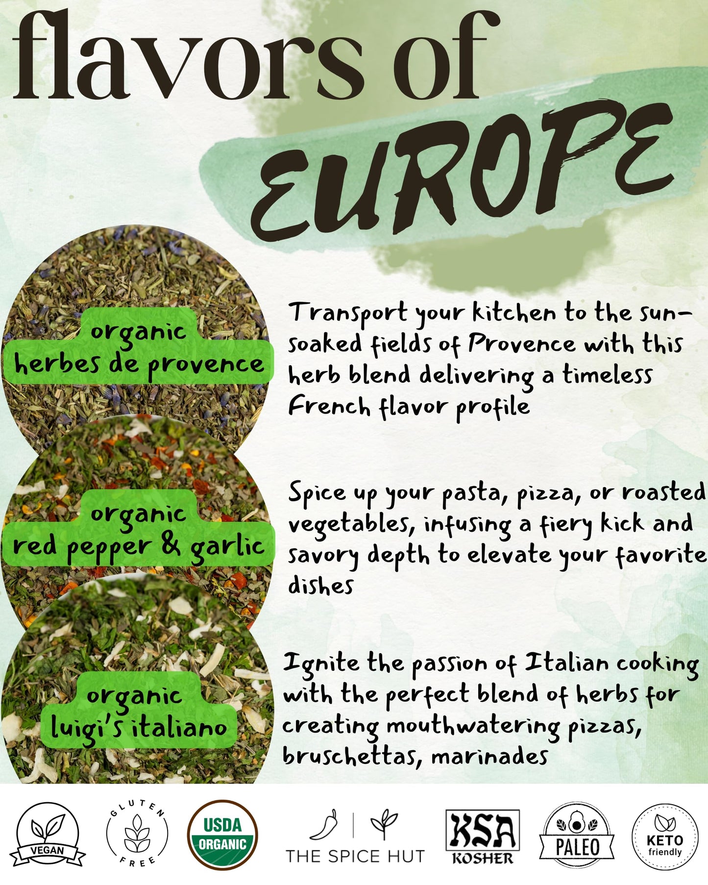 Organic Herb Seasoning Collection - 3 Flavors of Europe - Italian & French Spice Gift Set | Herbes De Provence, Luigis' Italiano, Red Pepper Garlic |