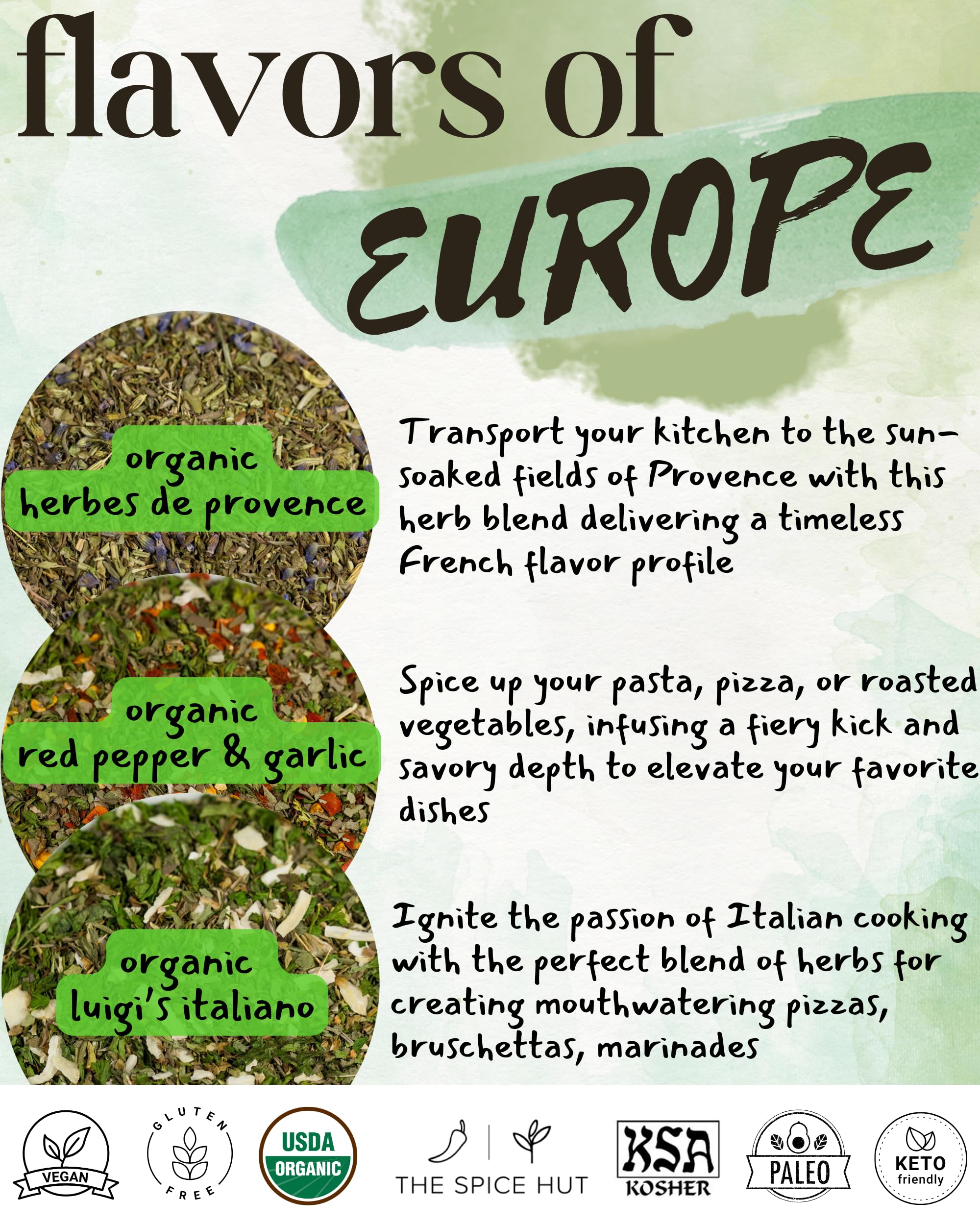 Organic Herb Seasoning Collection - 3 Flavors of Europe - Italian & French Spice Gift Set | Herbes De Provence, Luigis' Italiano, Red Pepper Garlic |