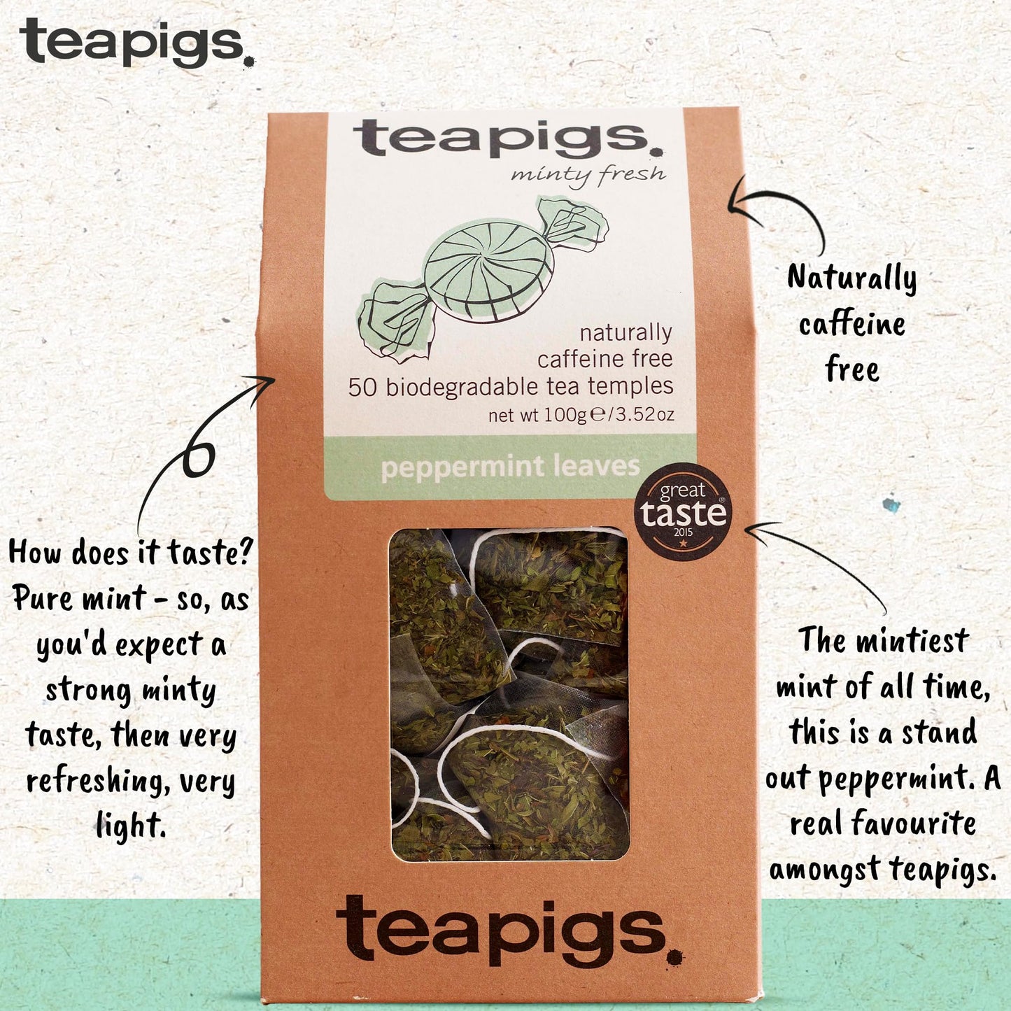Teapigs Peppermint Leaves Tea Bags Made With Whole Tea Leaves, Natural Ingredients, Non-GMO, Caffeine-Free - 50 Count (1 Pack of 50 Teabags)