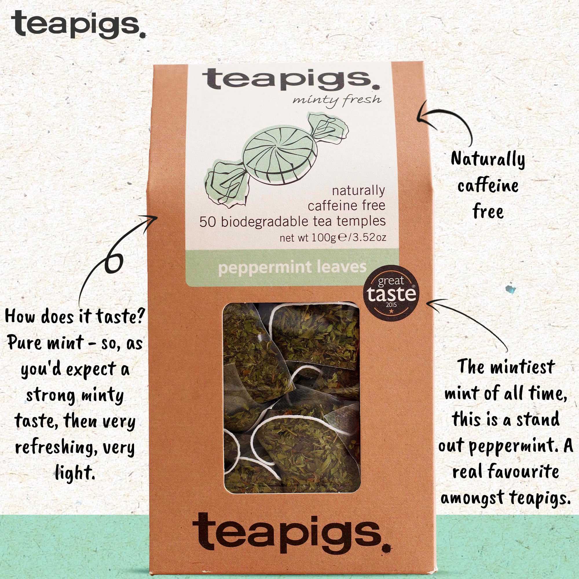 Teapigs Peppermint Leaves Tea Bags Made With Whole Tea Leaves, Natural Ingredients, Non-GMO, Caffeine-Free - 50 Count (1 Pack of 50 Teabags)