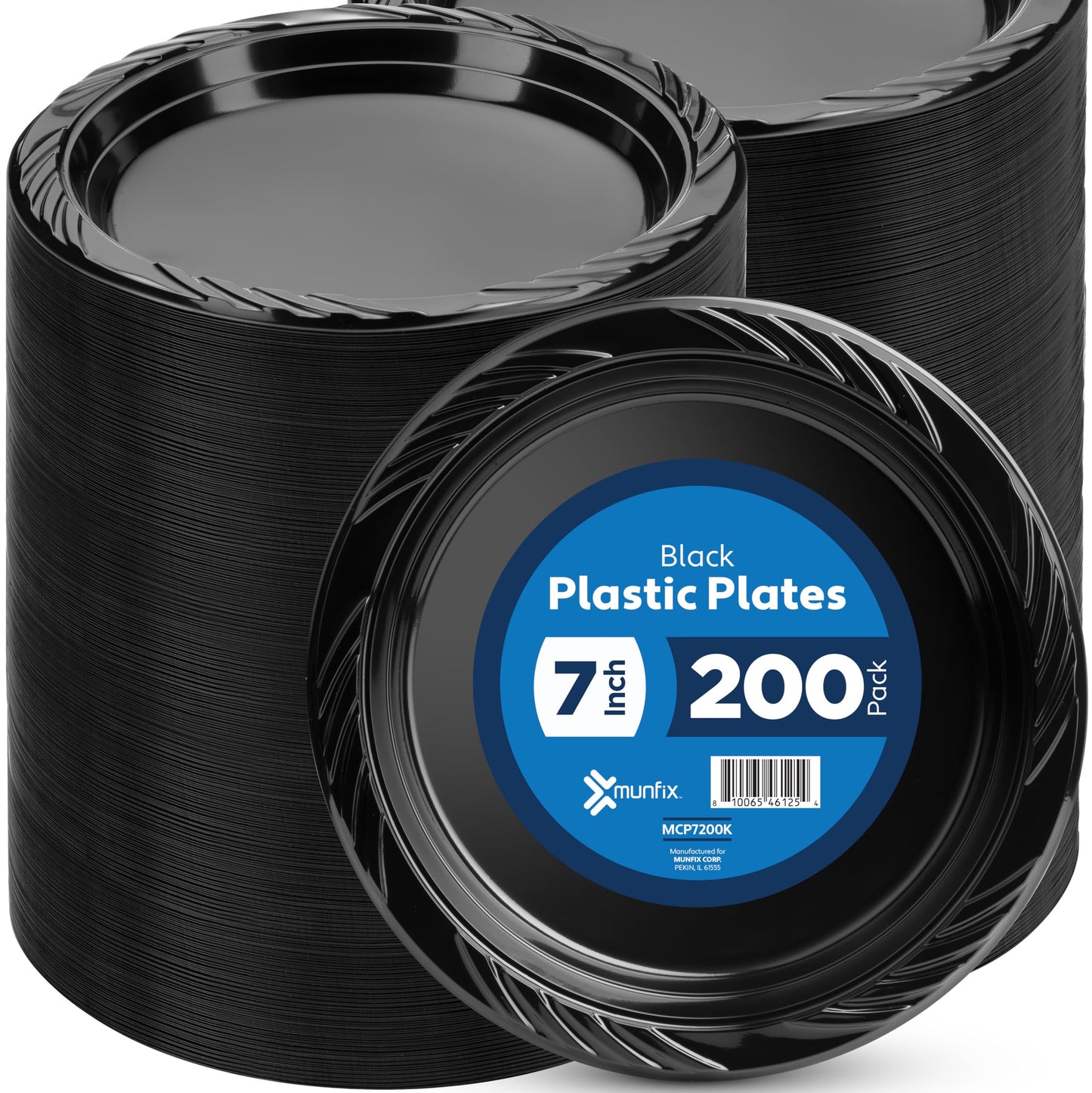 Munfix 200 Black Plastic Plates Set - 7 Inch Disposable Dessert/Salad Plates, Bulk Pack for Party, BBQ, Picnic, Parties, Travel and Events