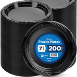 Munfix 200 Black Plastic Plates Set - 7 Inch Disposable Dessert/Salad Plates, Bulk Pack for Party, BBQ, Picnic, Parties, Travel and Events