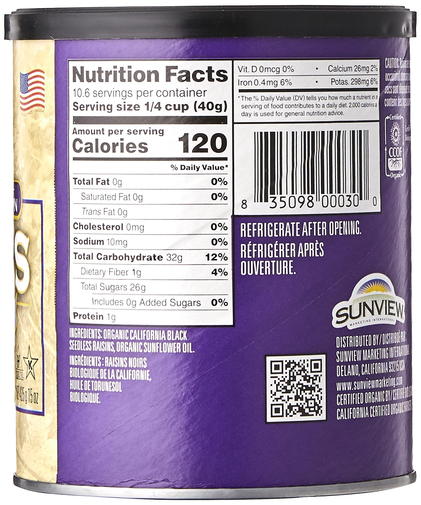 SUNVIEW Organic Black Raisins 3-15oz Canisters