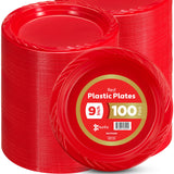 Munfix 100 Red Plastic Plates Set - 9 Inch Disposable Dinner Plates Bulk Pack, for Party, BBQ, Picnic, Parties, Travel and Events, Microwavable