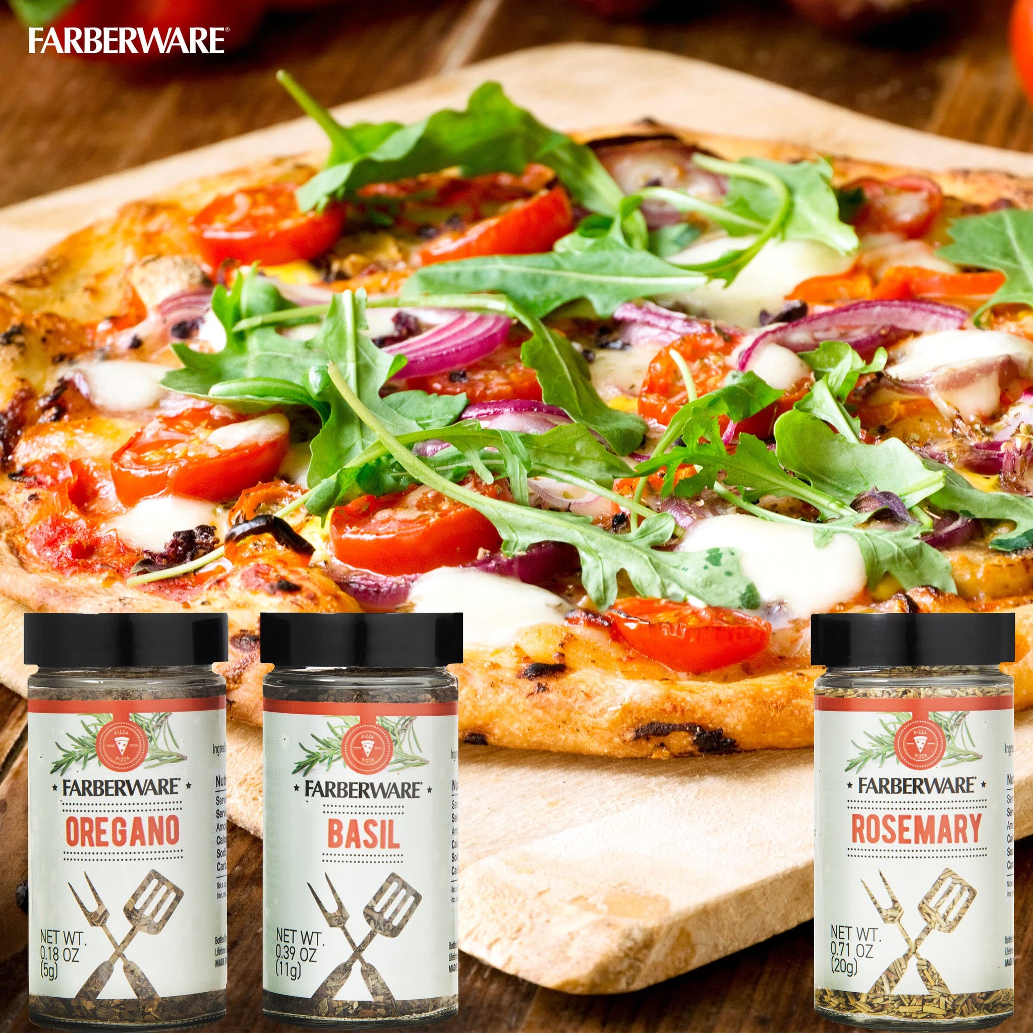 Farberware Pizza Spice Blend Set (Basil, Oregano, Rosemary) In Glass Jars With Removable Sifter Caps For Sprinkling