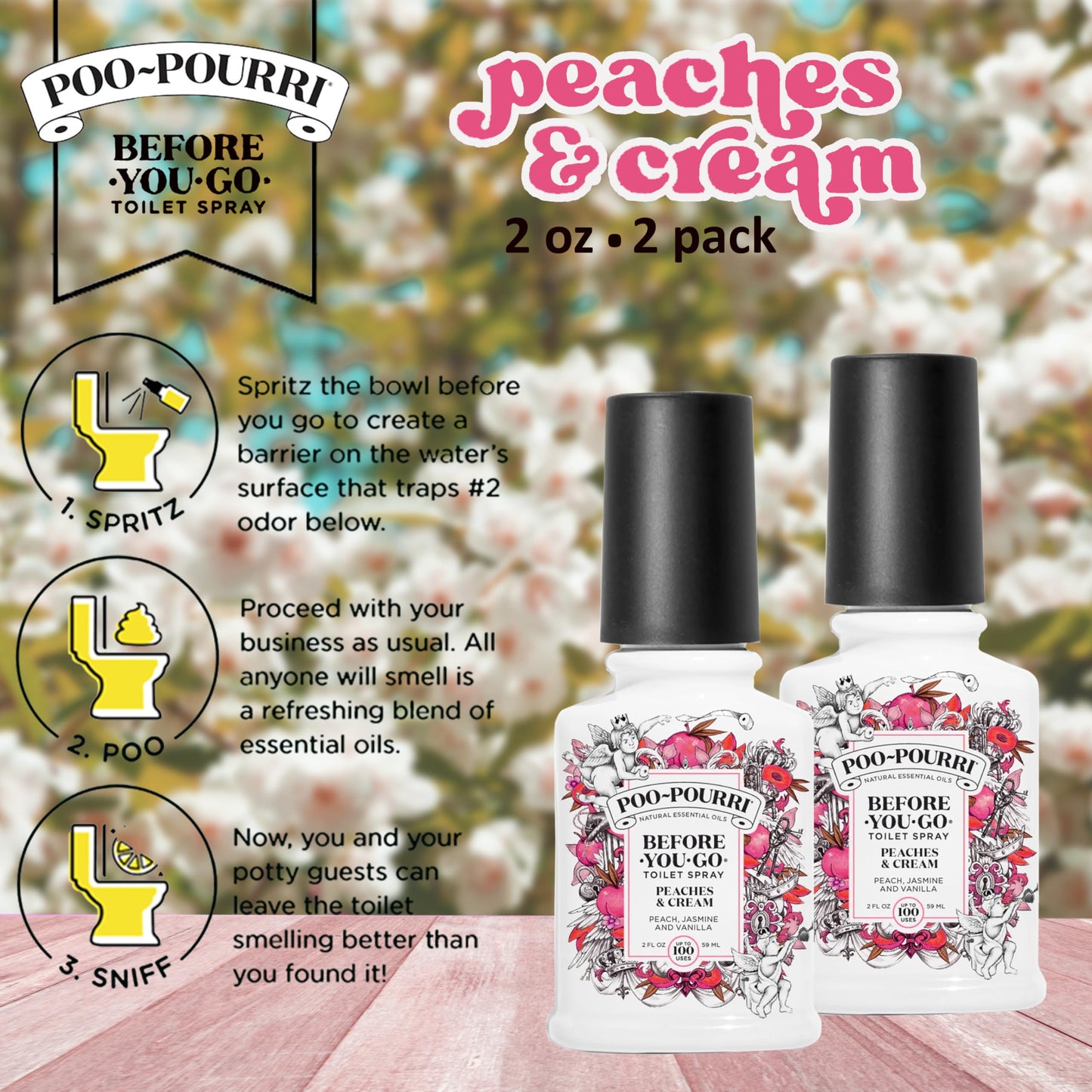 Poo-Pourri Before-You-Go Toilet Spray Peaches and Cream 2 Ounce Peach, Jasmine & Vanilla Pack of 2