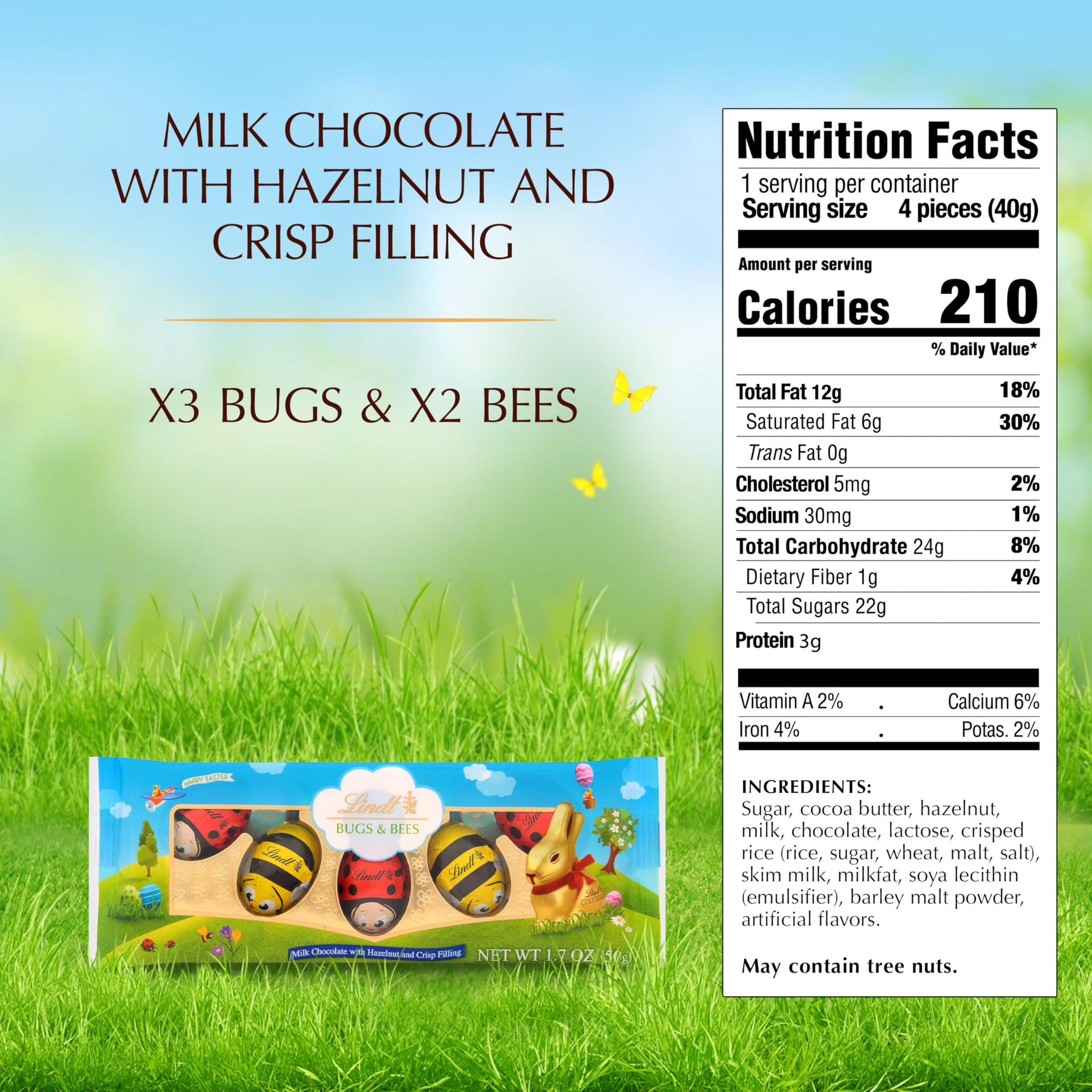Lindt Bugs & Bees, Milk Chocolate Candy with Hazelnut and Crisp Filling, 1.7 oz. 5-Pack