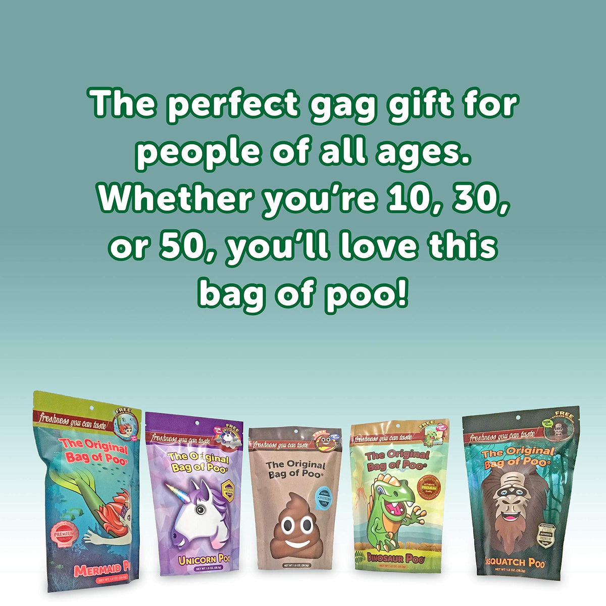 The Original Bag of Poo®, Dinosaur Poo (Green Apple Flavor Cotton Candy) Novelty Poop Gag Gift. Free sticker inside.