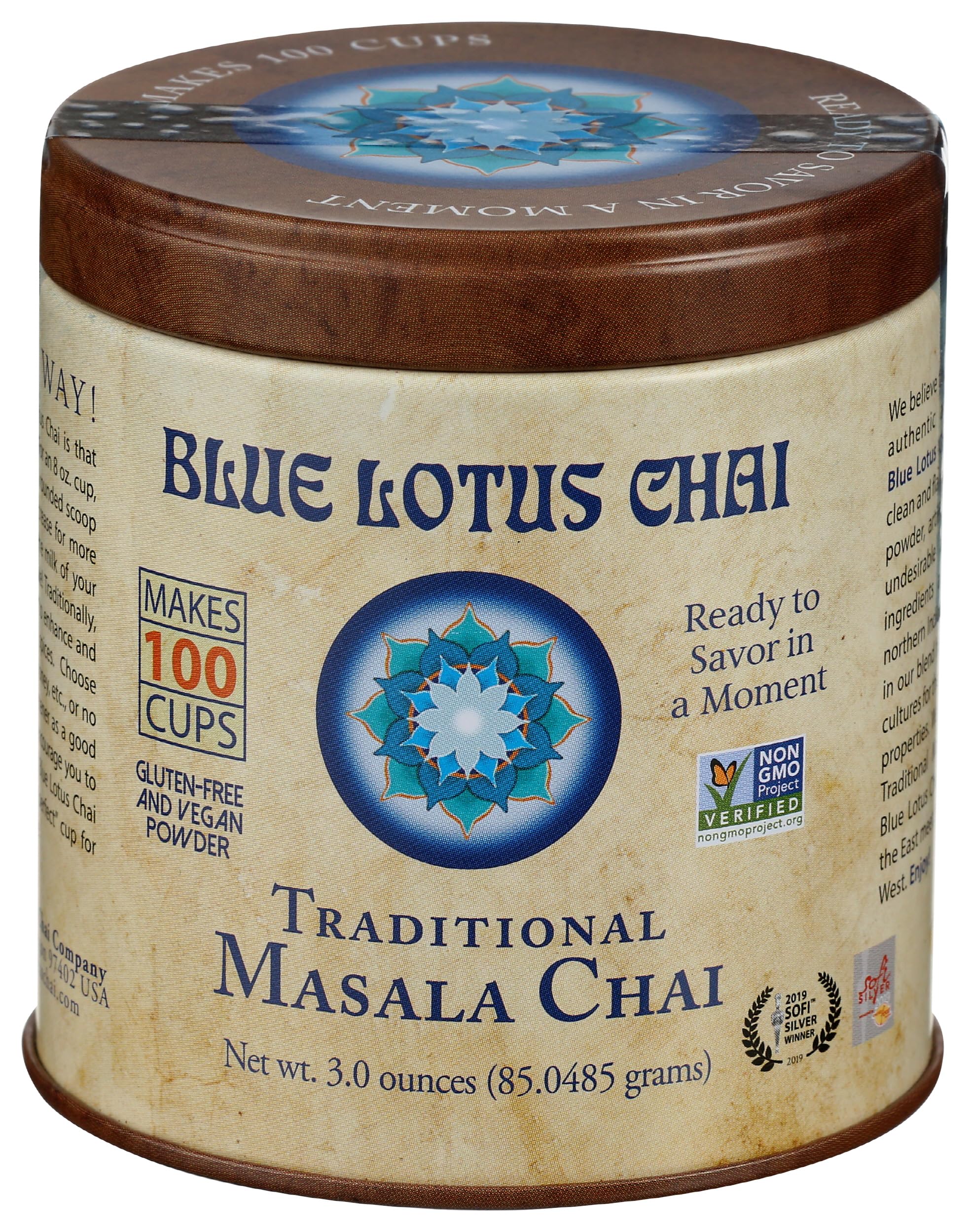 Blue Lotus Chai - Traditional Masala Chai - Makes 100 Cups - 3 Ounce Masala Spiced Chai Powder with Organic Spices - Instant Indian Tea No Steeping