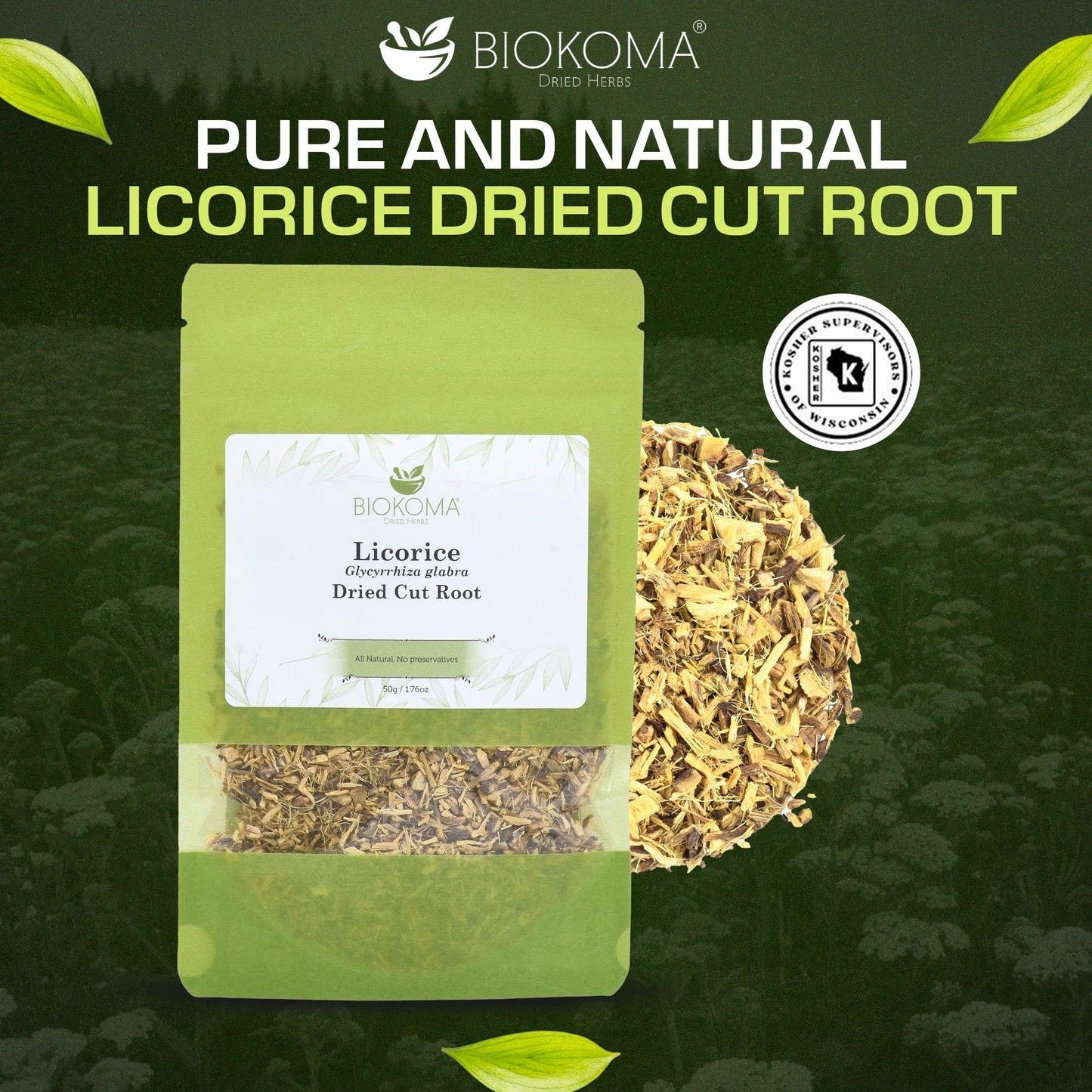 Biokoma Licorice Root 50g 1.76oz Dried Cut Natural Herbal Tea Mulethi Glycyrrhiza Glabra Liver Digestion Immune Respiratory Support Resealable