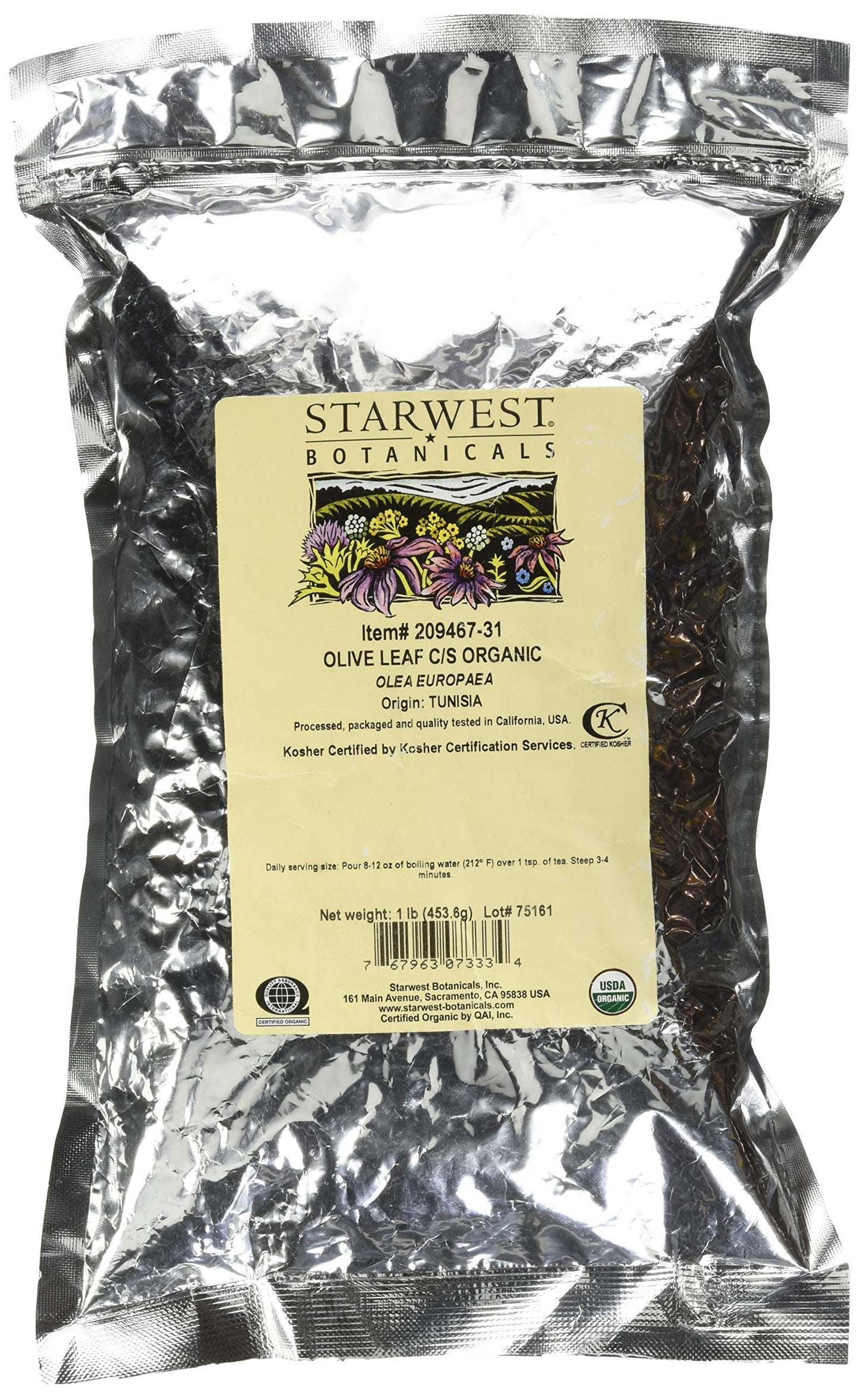 Starwest Botanicals Organic Olive Leaf - Dried Olive Leaves for Tea, Herbal Blends, Salads, Marinades, Seasonings, & More, Cut and Sifted Herb, Olea
