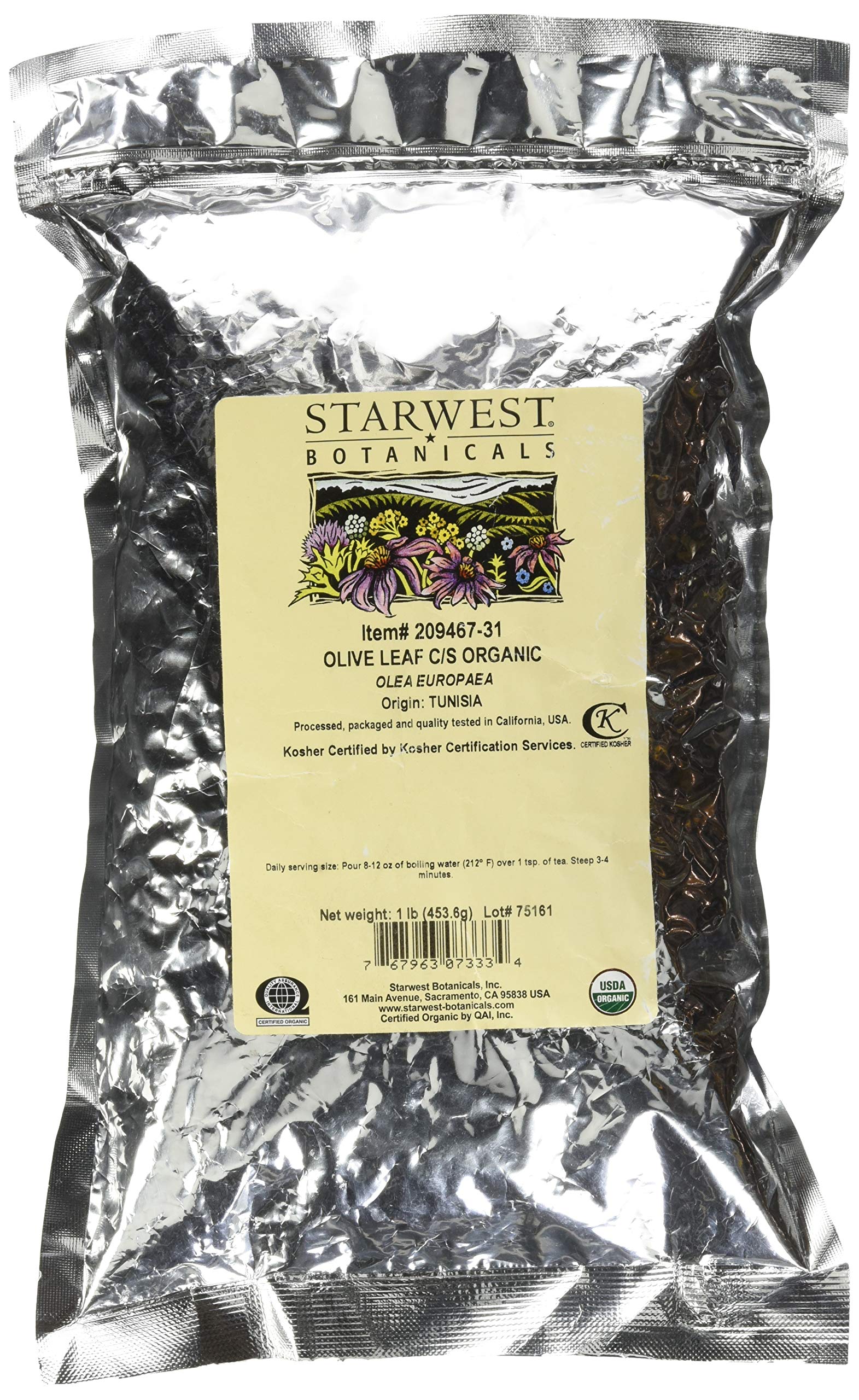 Starwest Botanicals Organic Olive Leaf - Dried Olive Leaves for Tea, Herbal Blends, Salads, Marinades, Seasonings, & More, Cut and Sifted Herb, Olea