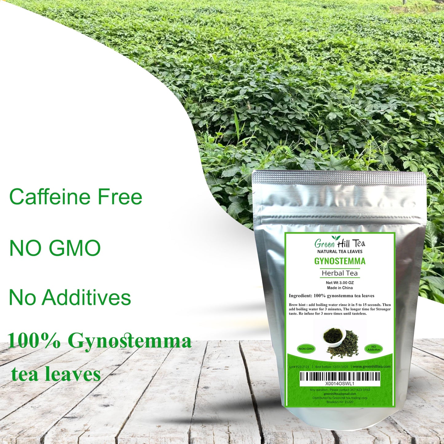Green Hill Tea Jiaogulan Loose Leaf Tea - Caffeine-Free Ginseng Variety - Pure Gynostemma Herbal Tea - Non GMO 3 OZ packed in foil ziplock bag
