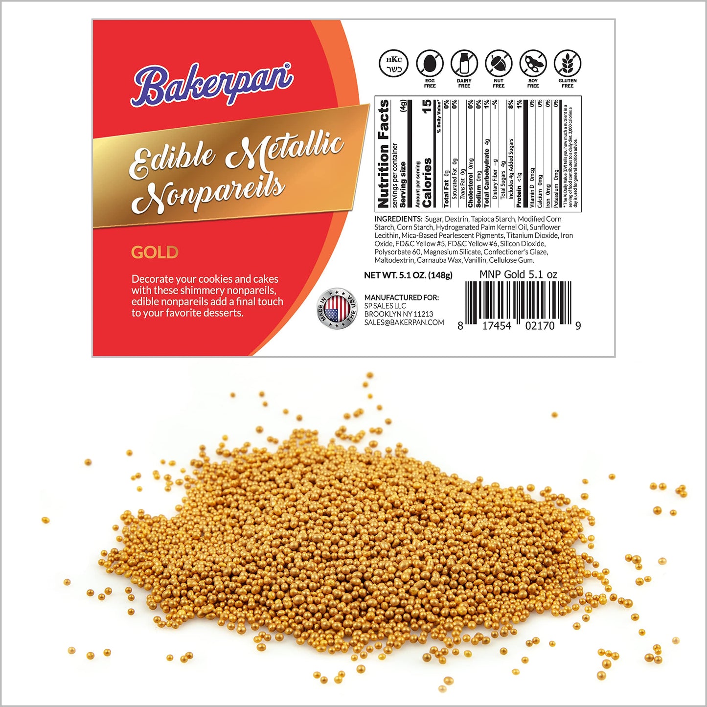 Bakerpan Edible Gold Nonpareils Sprinkles for Cupcakes, Gold Sprinkles Edible for Cake Decorating - 5.1 Ounces (Made in USA)