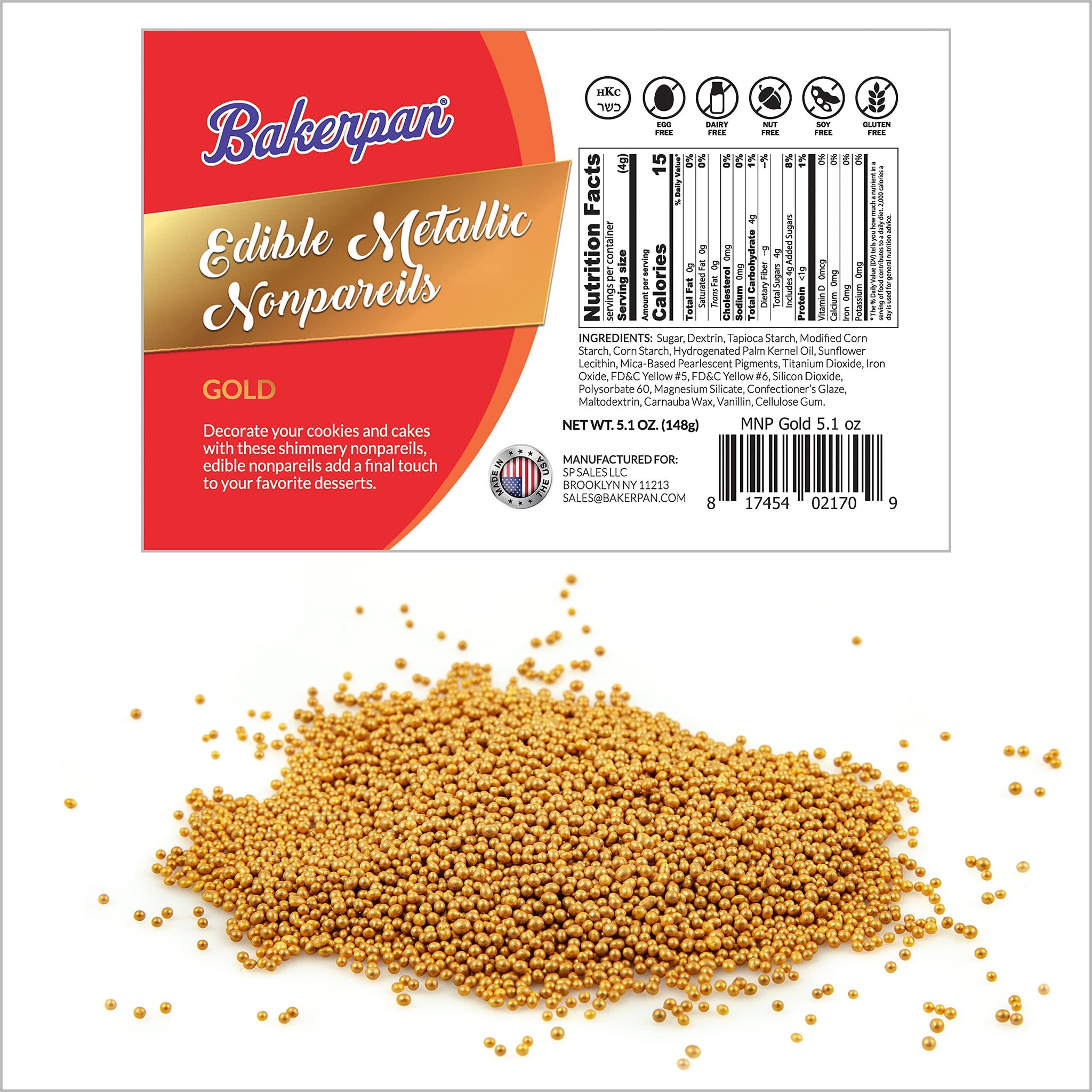Bakerpan Edible Gold Nonpareils Sprinkles for Cupcakes, Gold Sprinkles Edible for Cake Decorating - 5.1 Ounces (Made in USA)