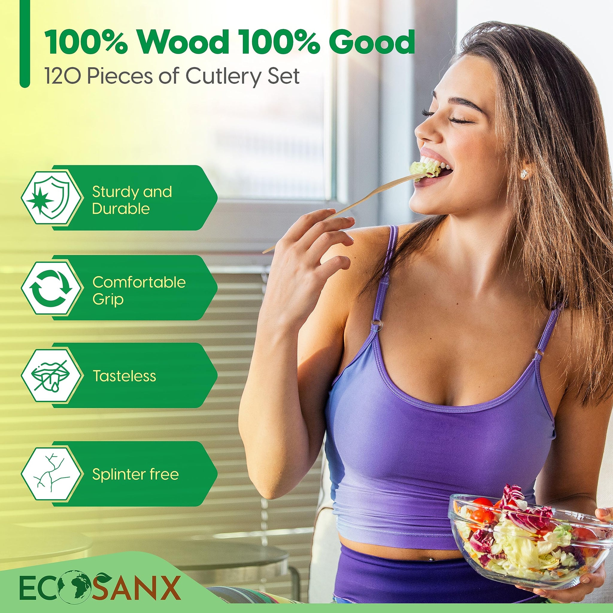 ECOSANX® 120 PCs Disposable Wooden Cutlery set 6.3" Splinter Free Compostable Utensils for party, Eco-Friendly, 100% All-Natural Bamboo Utensils set