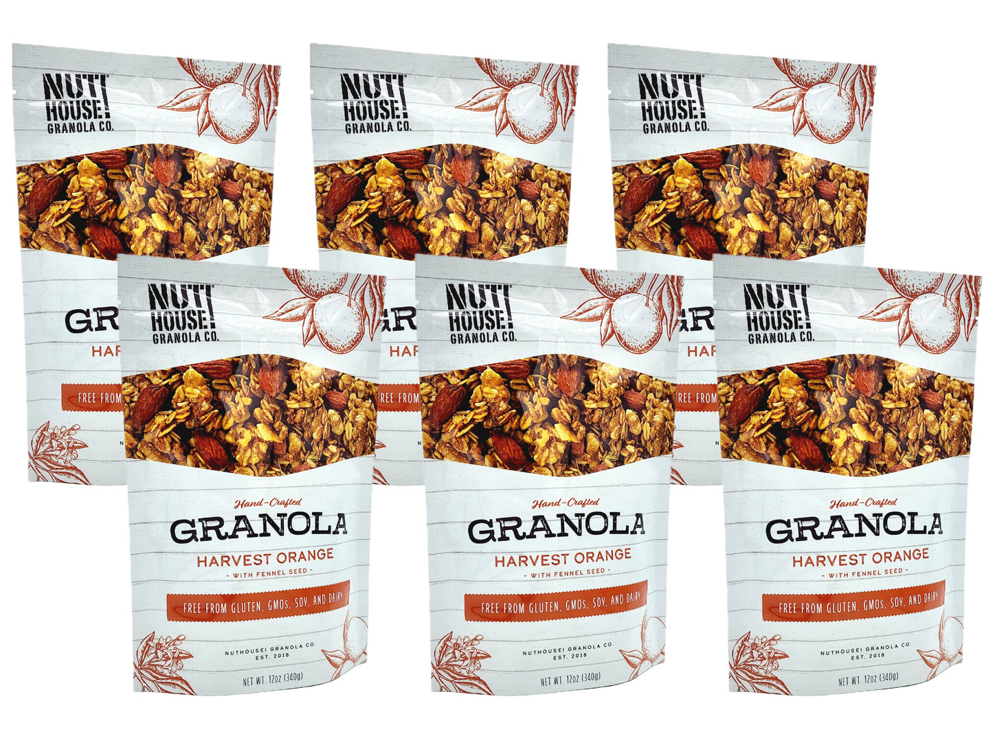 NutHouse! Granola Company - Premium Harvest Orange Granola | Certified Gluten-Free, Non-GMO, Kosher | Vegan, Soy-Free | 12 oz. Bag (6-Pack)