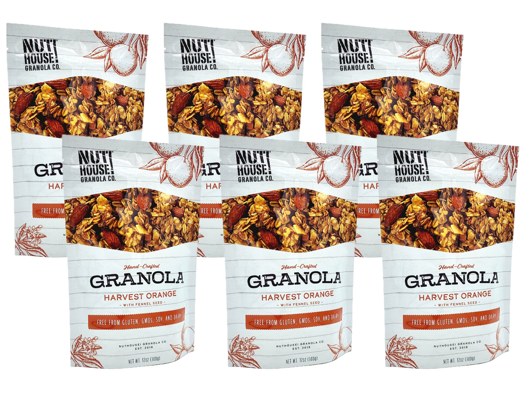 NutHouse! Granola Company - Premium Harvest Orange Granola | Certified Gluten-Free, Non-GMO, Kosher | Vegan, Soy-Free | 12 oz. Bag (6-Pack)