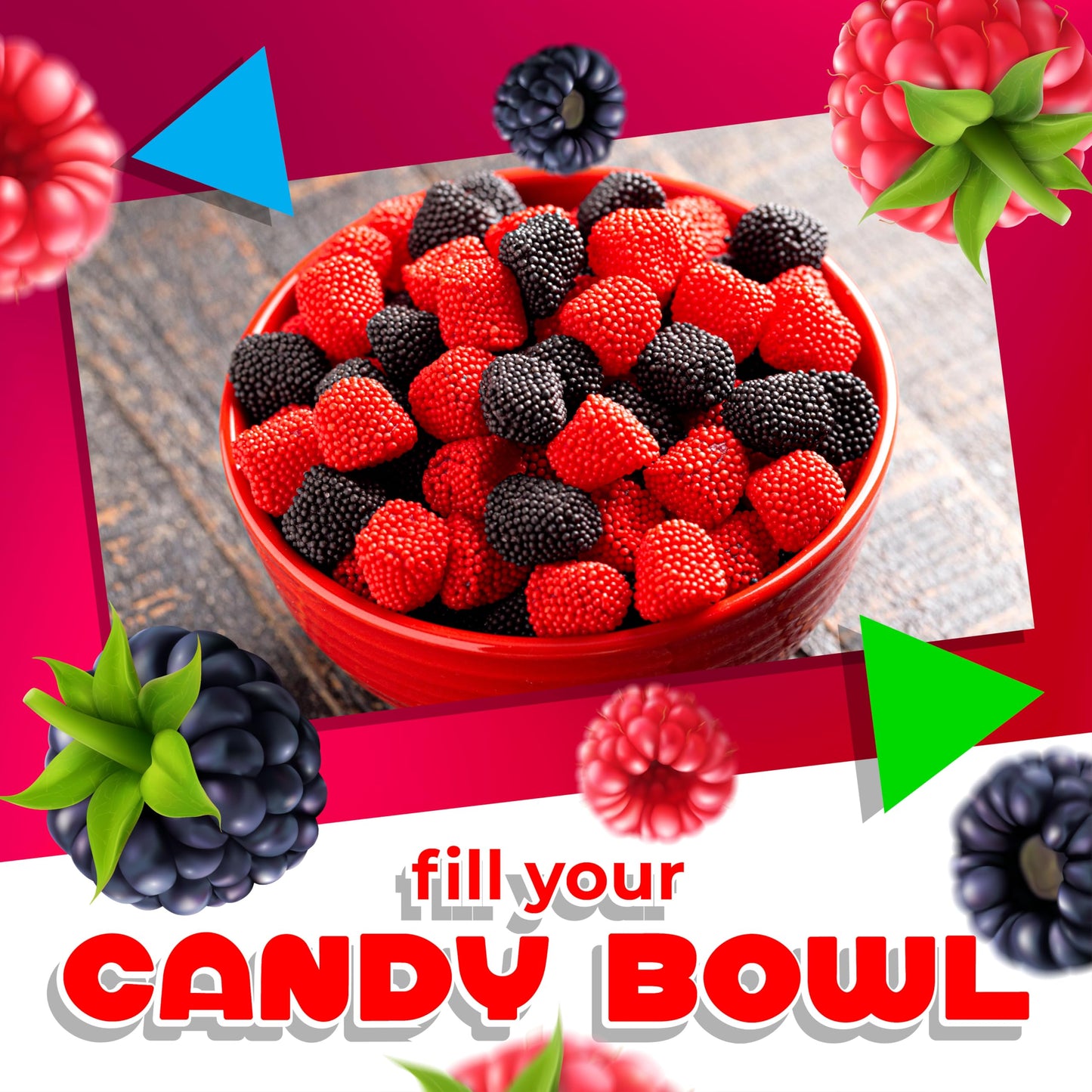 Berries Gummy Candy | 2 Pound Bag | Red and Black Soft Candy Bulk | Raspberry and Blackberry Crunchy Gummies for Dessert Decoration, Gifting & Buffets