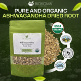 Biokoma Organic Ashwagandha Root 3.55oz USDA Organic Withania Somnifera Natural Adaptogenic Herb Dried & Cut Herbal Tea DIY Powder Wellness Resealable