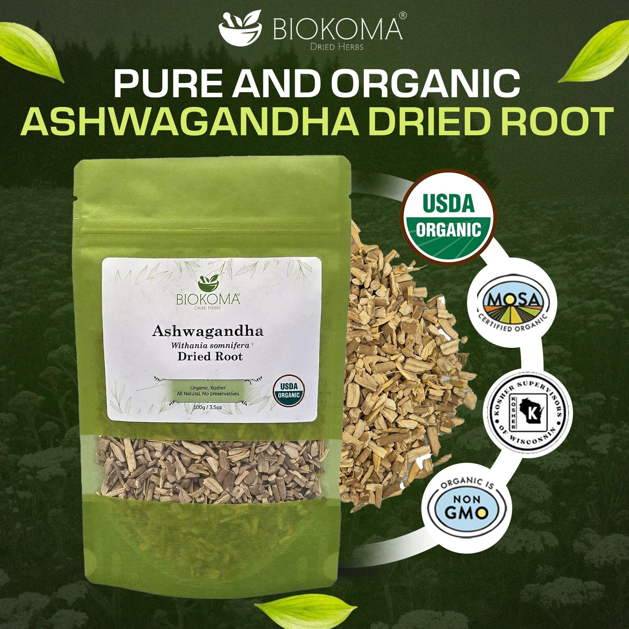 Biokoma Organic Ashwagandha Root 3.55oz USDA Organic Withania Somnifera Natural Adaptogenic Herb Dried & Cut Herbal Tea DIY Powder Wellness Resealable
