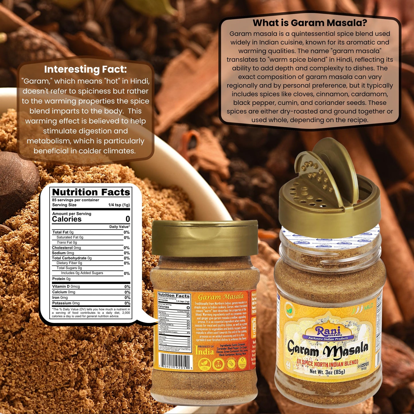 Rani Garam Masala Indian 11-Spice Blend 3oz (85g) PET Jar ~ All Natural, Salt-Free | Vegan | No Colors | Gluten Friendly | NON-GMO | Kosher | Indian