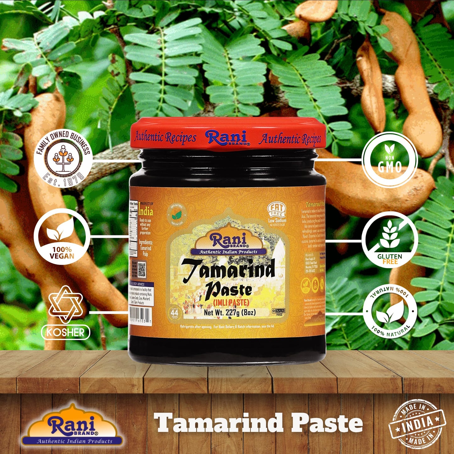 Rani Tamarind Paste Puree (Imli) 8oz (227g) Glass Jar, No added sugar ~ All Natural | Vegan | Gluten Free | No Colors | NON-GMO | Kosher | Indian