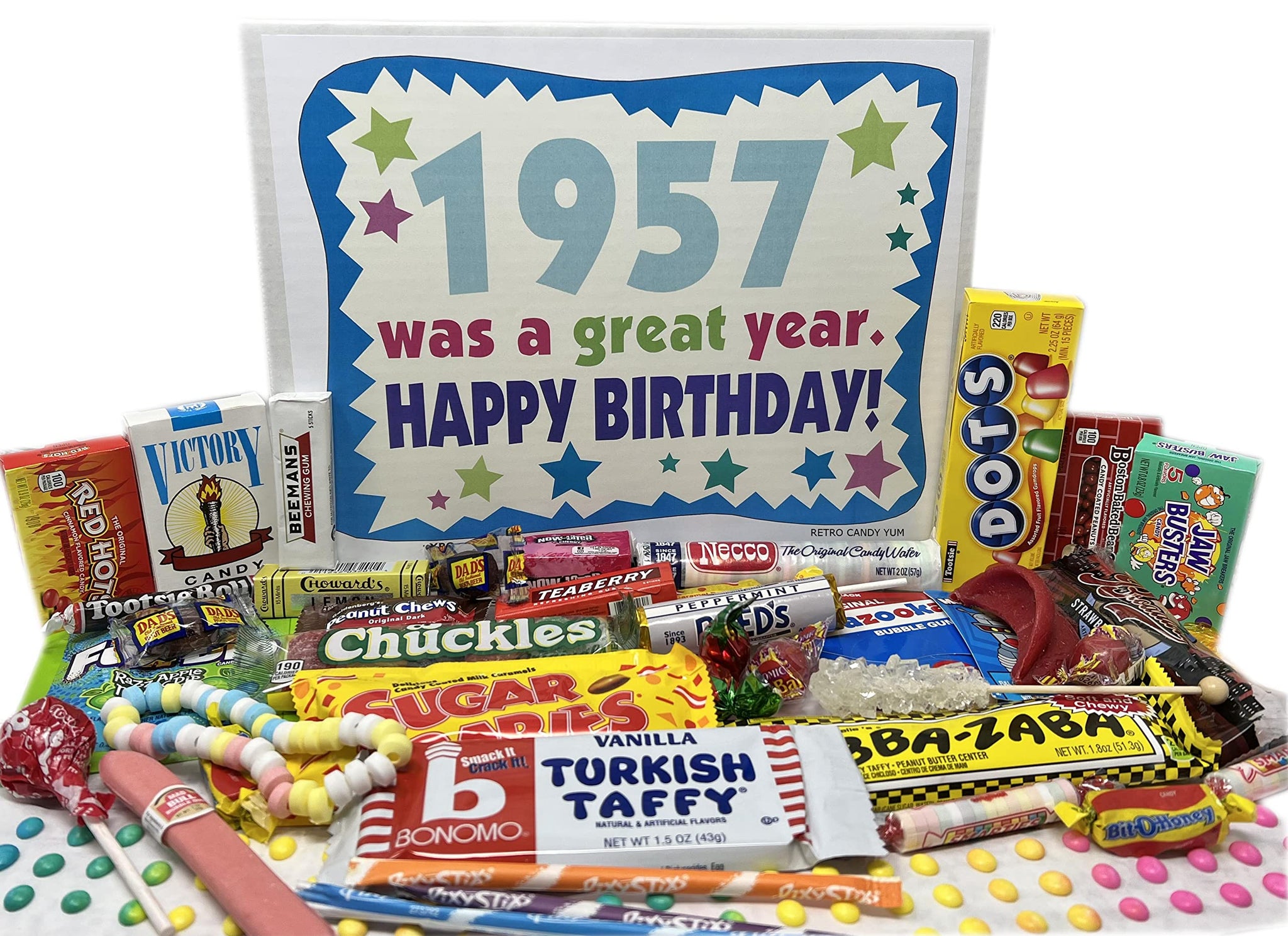 RETRO CANDY YUM ~ 1957 69th Birthday Gift Box of Nostalgic Candy from Childhood for 69 Year Old Man or Woman Born 1957