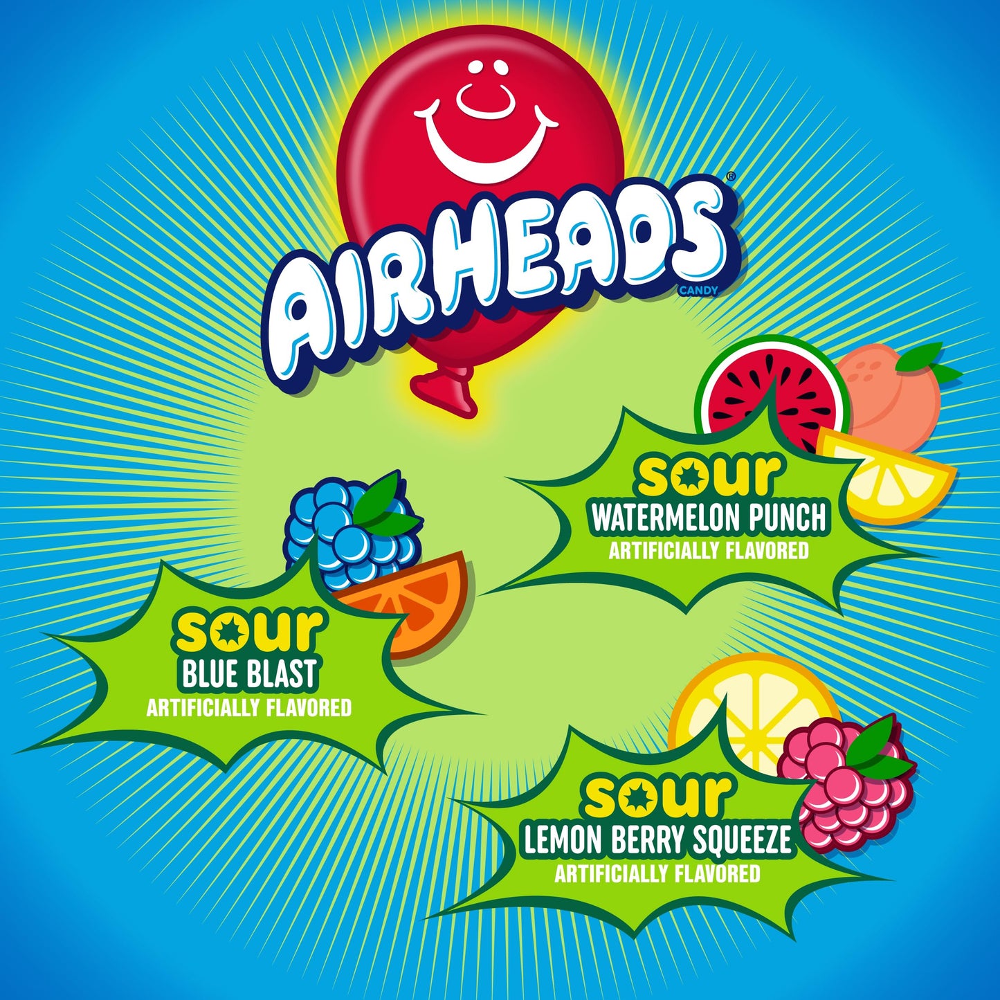 Airheads SOUR Candy Bars, Sour Watermelon Punch, Blue Blast, Lemon Berry Squeeze, 9 Bar Movie Theater Box