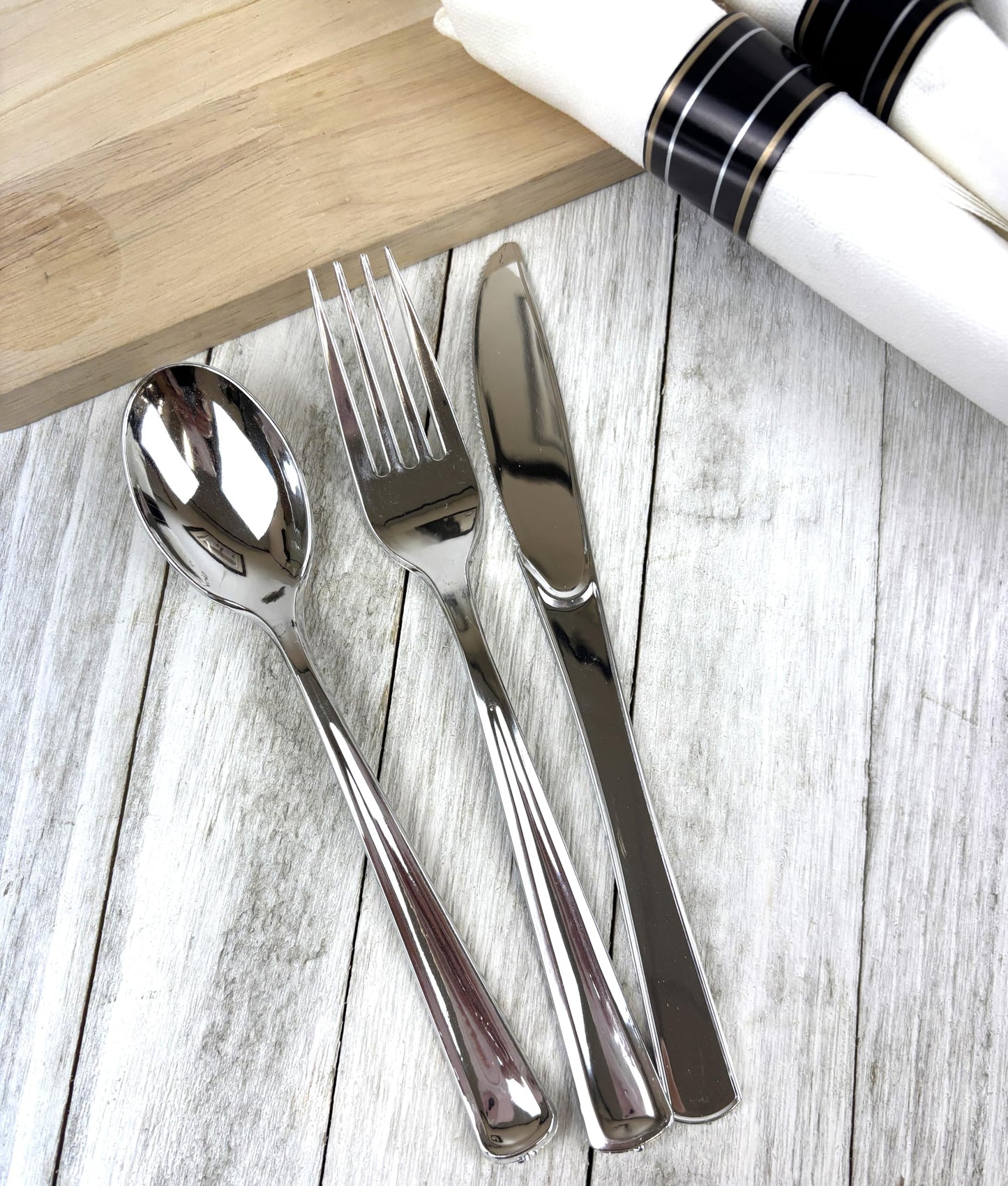 Pre-Rolled Dinner Napkin and Cutlery, Silver/Metallic Plastic (30 Sets)