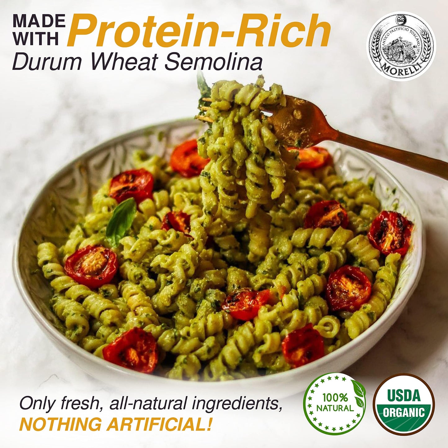 Morelli Spiral Pasta - Organic Premium Durum Wheat Semolina Italian Pasta from Italy - Protein-Rich, Ancient Grains, All Natural, Gourmet Italian